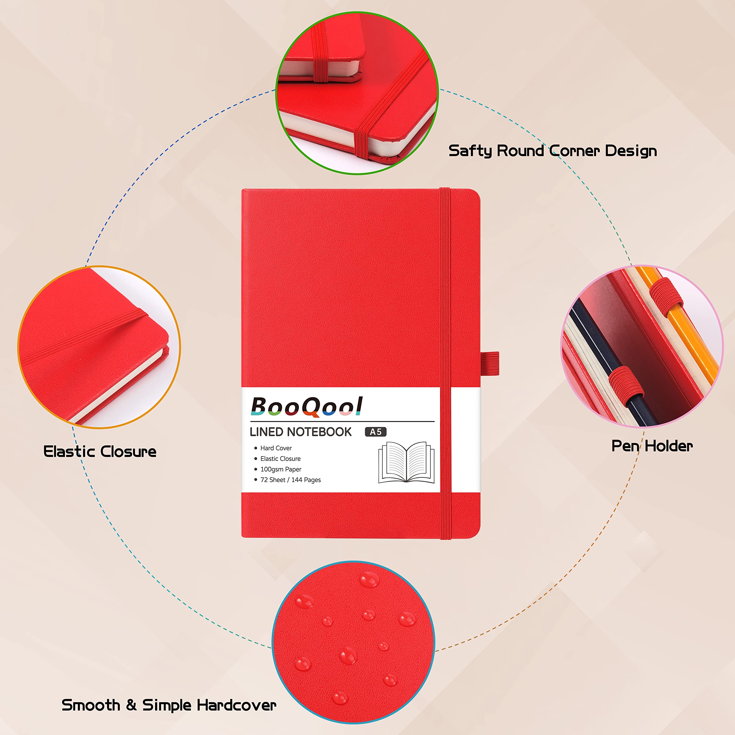 A5 Notebook - Notebook A5 with Premium Paper, Faux Leather Notebook, 5.7" X 8.4", Hardcover, 144 Pages - Red - Image 3