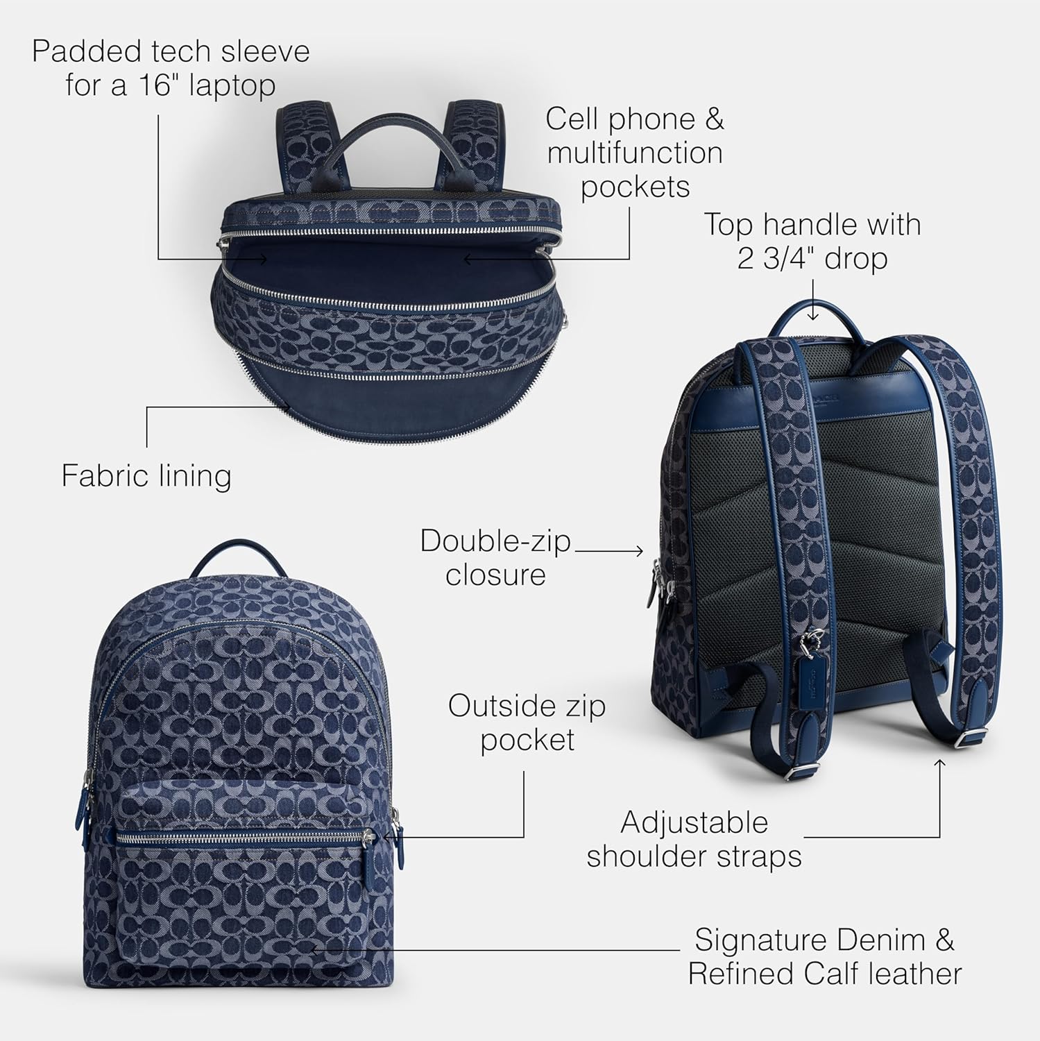 Coach, Mens, Charter Backpack in Signature Denim, Deep Blue, One Size