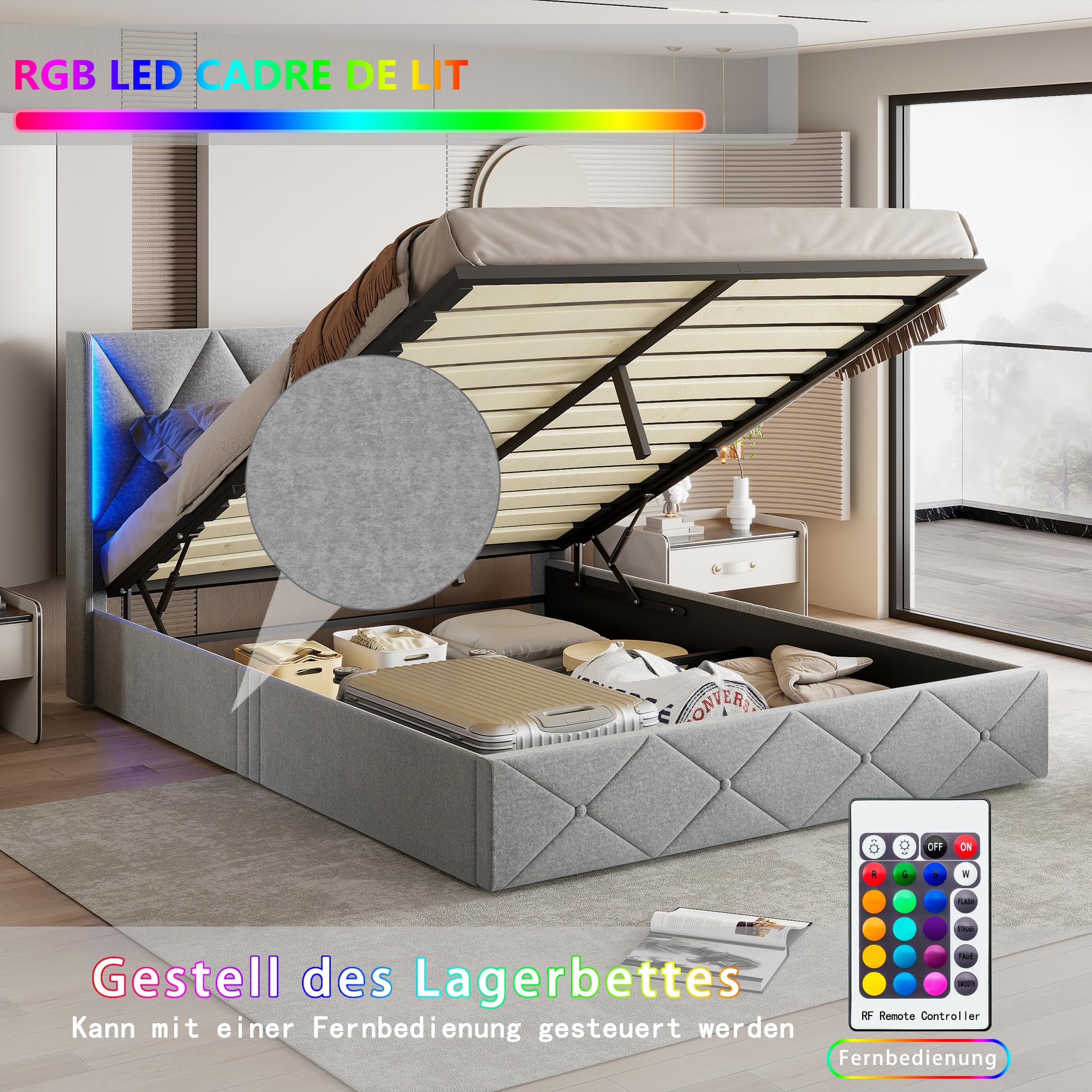 Lit Coffre 160x200 Cm Avec Rangement Hydraulique - Sommier à Lattes En Bois - Support 250kg - Couleur Beige - Livré En 2 Colis - 6