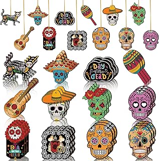36 Pieces Day of The Dead Sugar Skull Halloween Wooden Ornaments Ghost Hanging Outdoor Skeleton Cats Wood Decorations for Mexican Halloween Party Indoor Patio Lawn Decor(Skull Style)