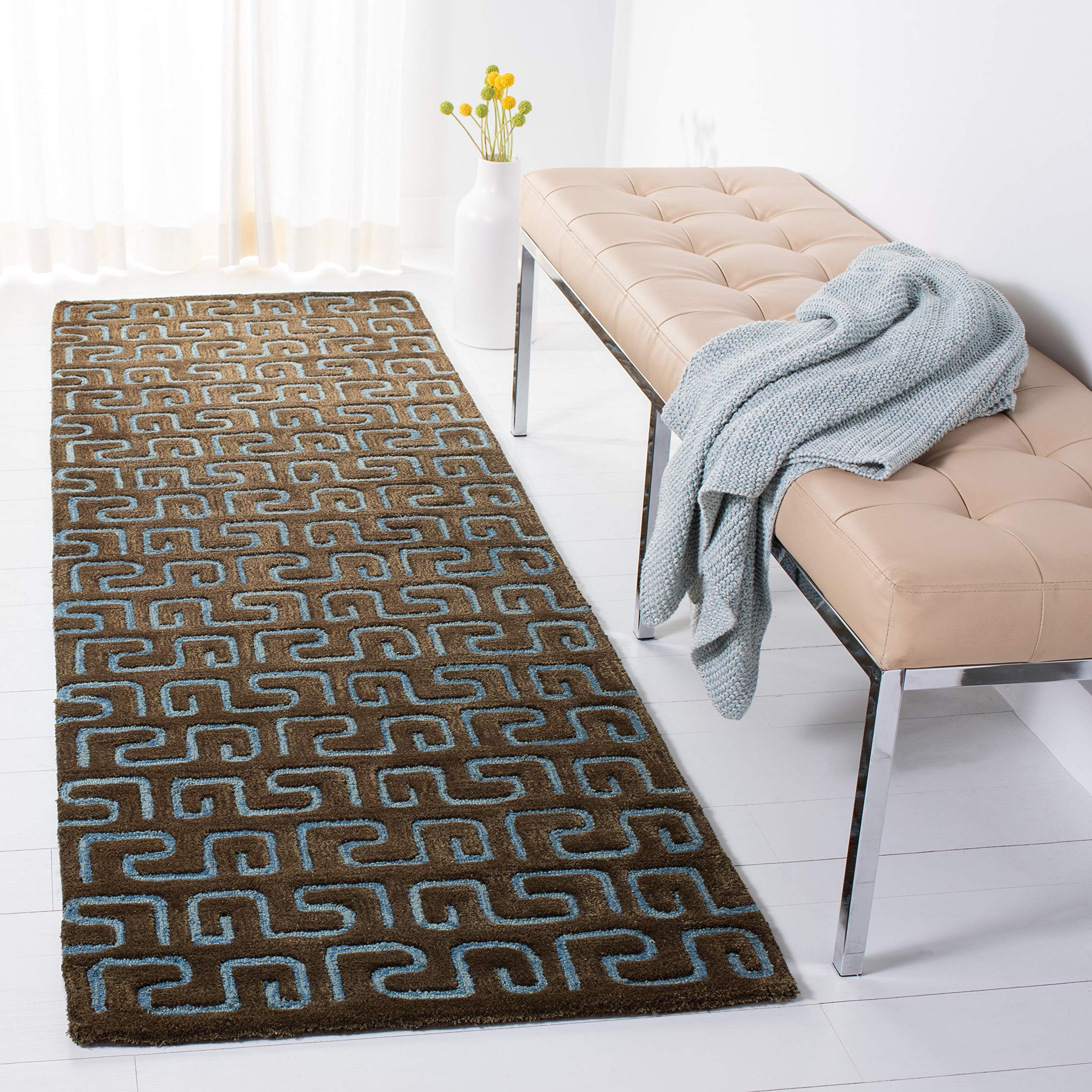 SafaviehSoho Collection SOH416B Handmade Brown and Light Blue New Zealand Wool Area Runner, 2 feet 6 inches by 10 feet