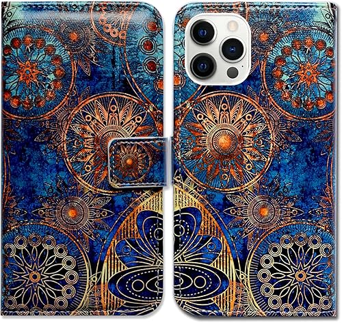 Bcov Funda para iPhone 14 Pro Max, diseño de mandala circular de colores magníficos con tapa para teléfono con ranura para tarjetas, soporte para Bcov Funda para iPhone 14 Pro Max, diseño de mandala circular de colores magníficos con tapa para teléfono con ranura para tarjetas, soporte para