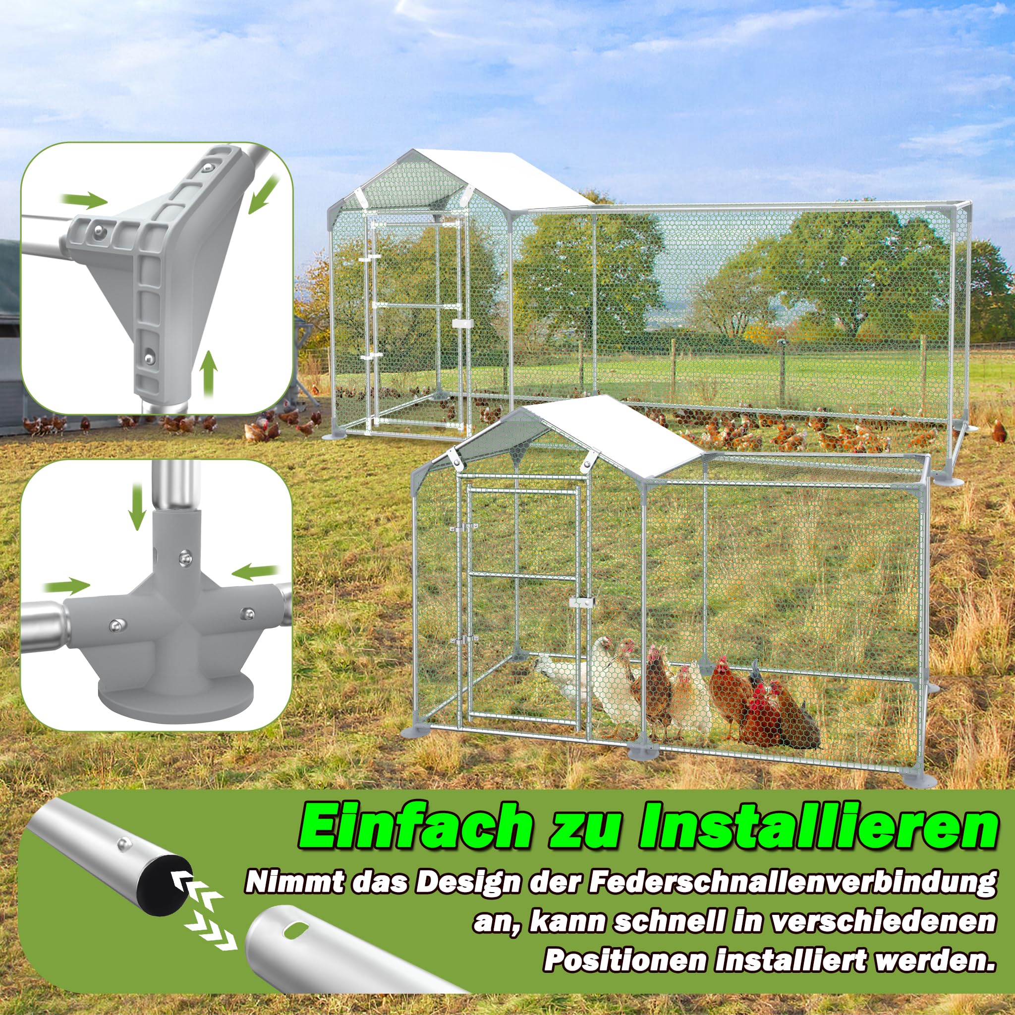 3x1m Hühnerstall, Freilaufgehege Kaninchen aus Verzinkter Stahl, Voliere Outdoor Wachtelstall mit Tür und PE Schatten Plane für Hühner Kleintiere, 3 m²