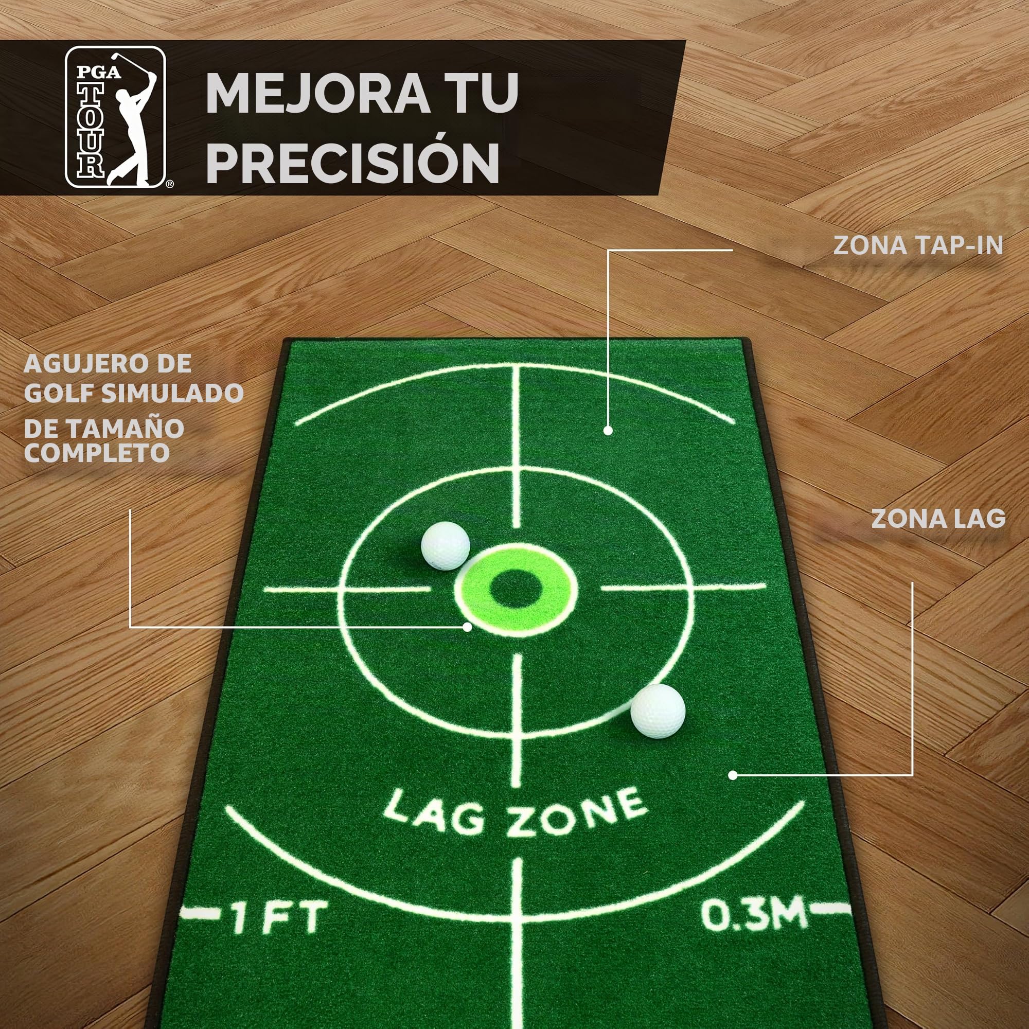 PGA Tour Alfombrilla de golf de lujo de 8 pies para golf de interior, alfombrilla de golf con directrices de entrenamiento, objetivo de agujero de tamaño completo, área de putt de 6 pies, verde, bolsa