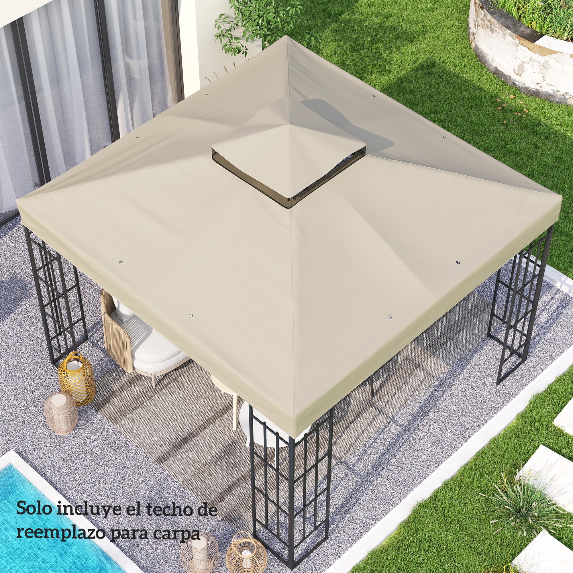 Outsunny Techo de Repuesto para Cenador 3x3 m Techo Doble Crema | Cubierta de Repuesto, Orificios de Drenaje, Protección UPF30+, SOLO Toldo de Recambio para Pabellón Gazebo
