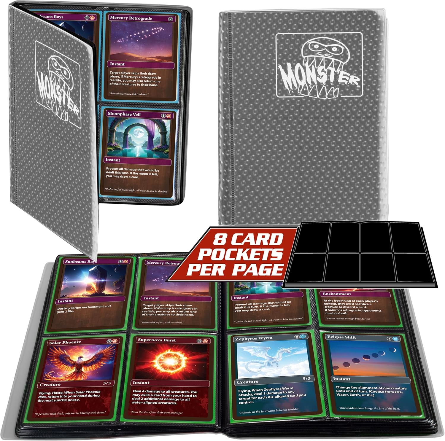 Monster 4 Pocket Trading Card Album -Holofoil Clear Binder, Anti-Theft & Anti-Drop TCG Protection w Side Loading Pockets, Holds 160 Cards-Compatible with Yugioh, Pokemon, MTG Magic the Gathering Cards