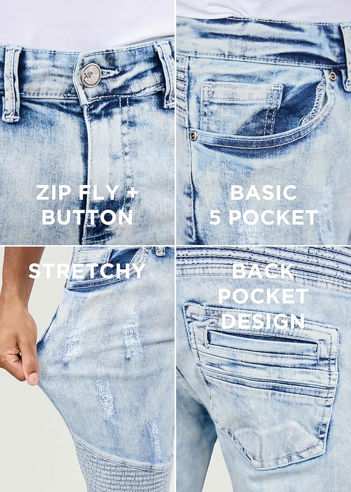 X RAY Men's Skinny Biker Jean, Comfy Flex Stretch Moto Denim Jeans