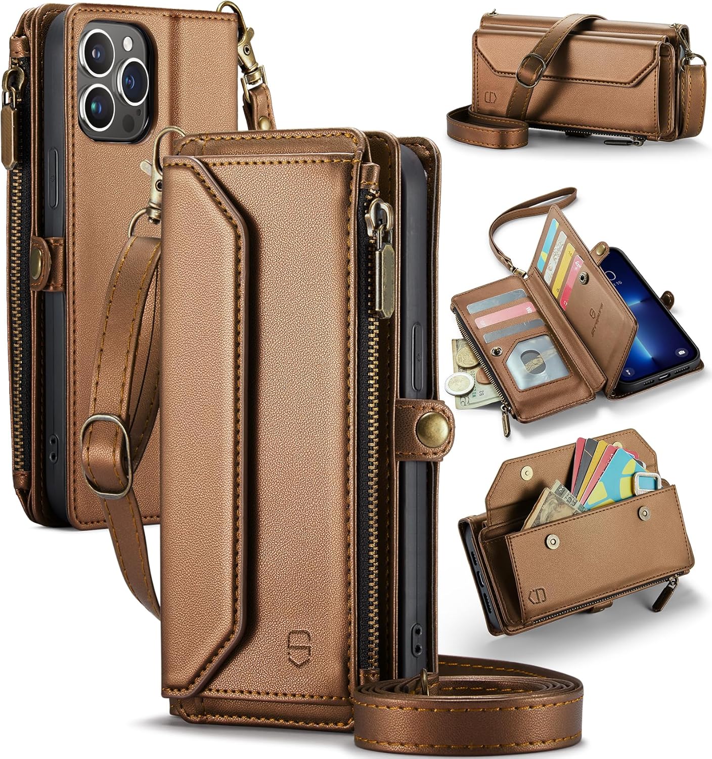 Wallet Case Compatible with iPhone 13 Pro Max RFID Blocking 10-Card Holder Soft PU Leather Magnetic Snap Shoulder Strap Zipper Pocket Phone Case Fit for iPhone 13 Pro Max - Brown