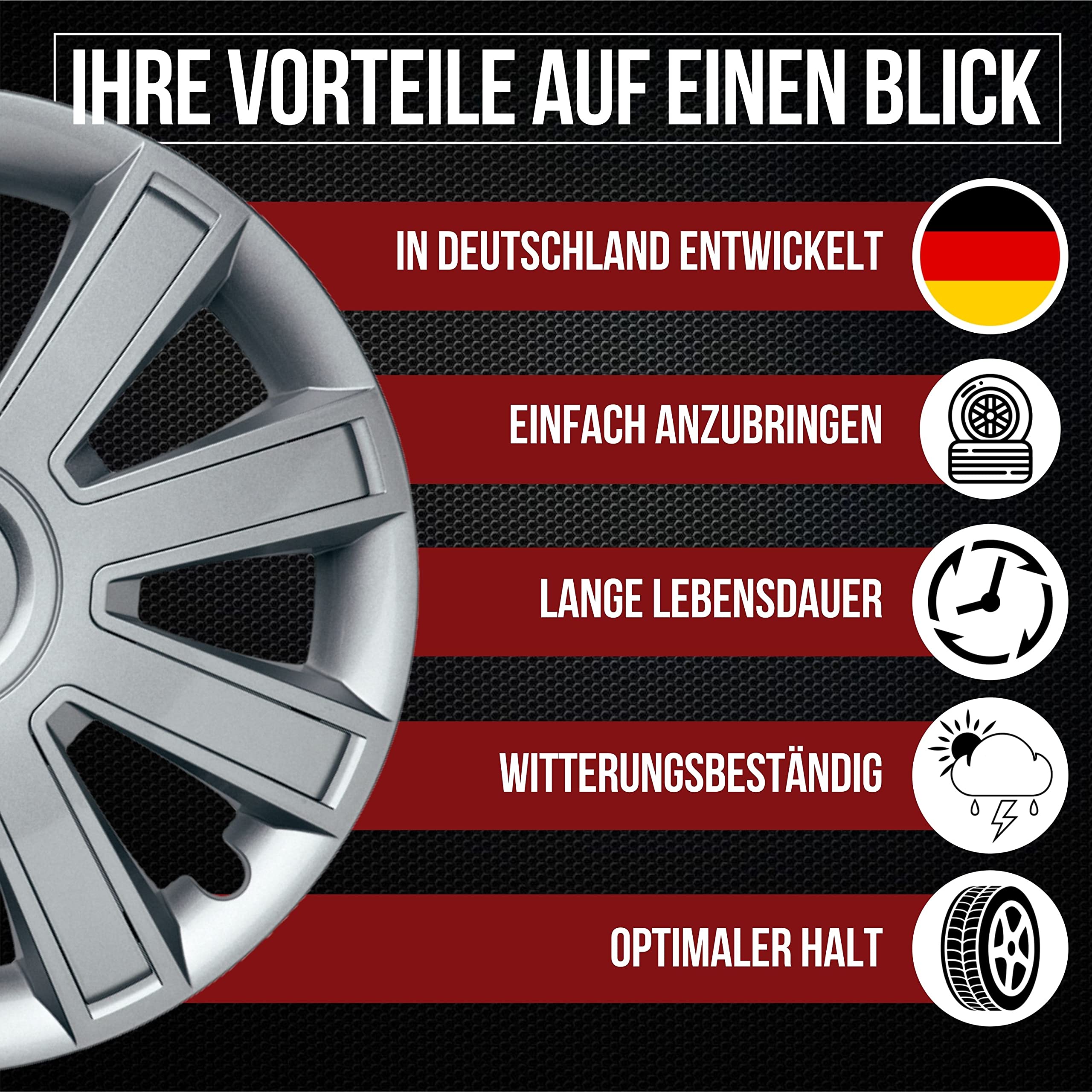 Albrecht Arrow Nylon Lux Radkappen 15 Zoll Silber 4er-Set für Stahlfelgen | Schlagzäher ABS-Kunststoff · Witterungs- & UV-beständig · Werkzeuglose Clip-Montage · Made in EU · Markenqualität