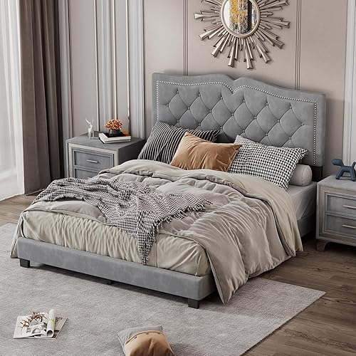 Miniatura 10 de Klwenas Maec Marco de cama de terciopelo tamaño Queen, cabecera capitonada con alas verticales, cama con plataforma tapizada, listones de madera