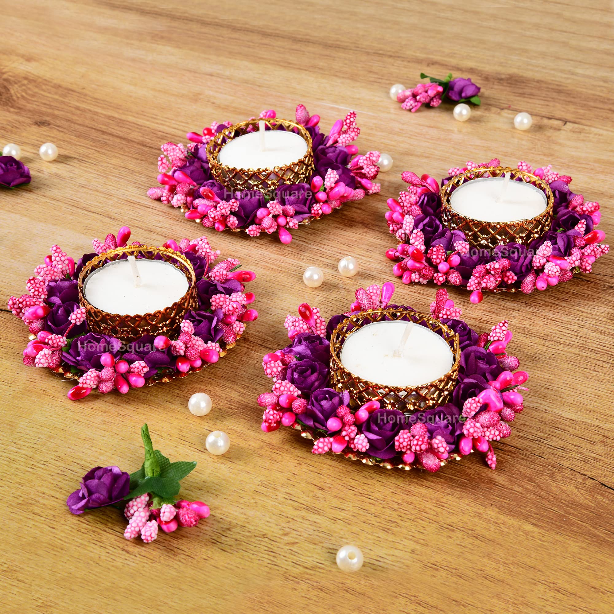 HomeSquare Tealight Holder Diwali Diya with Artificial Flowers & Tea Lights - Set of 4 Tealight Candle Holders (B08KT6CWZM) Amazon Price History, Amazon Price Tracker