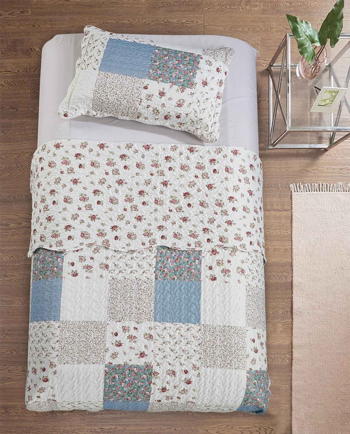 Brilliant Sunshine Pink Rose with Small Blue Check Patchwork, 2-Piece Quilt Set with 1 Sham, Reversible Bedspread, Soft Lightweight Coverlet, All-Season, Twin, Pink Blue - Image 7