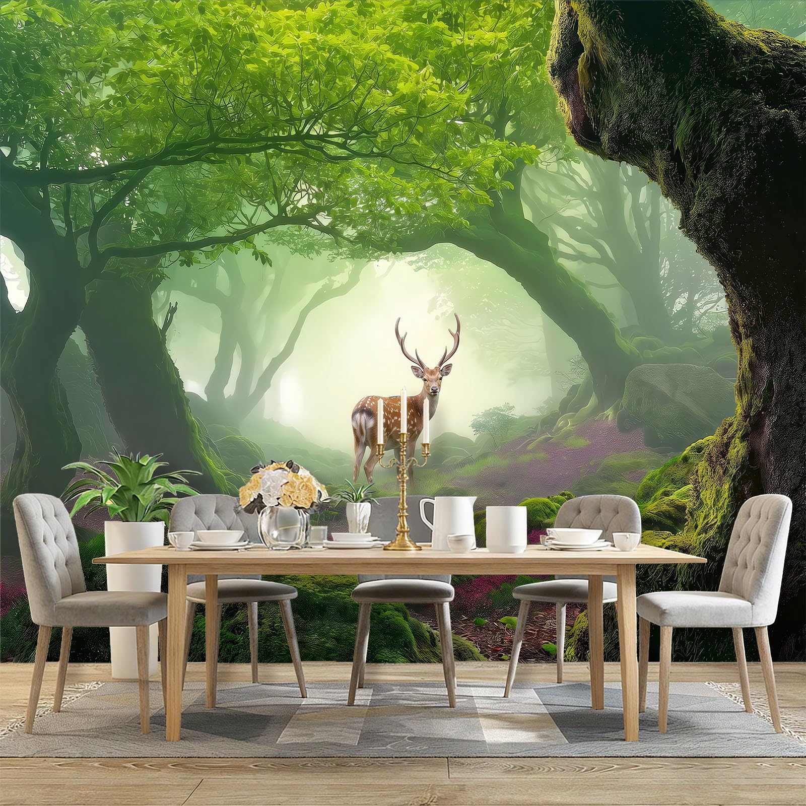 Générique Carta da parati panoramica floreale con animali cervi, 300 x 210 cm, rivestimento murale per camera da letto, soggiorno, camera da letto, cucina, ufficio, design fantasia foresta paesaggio