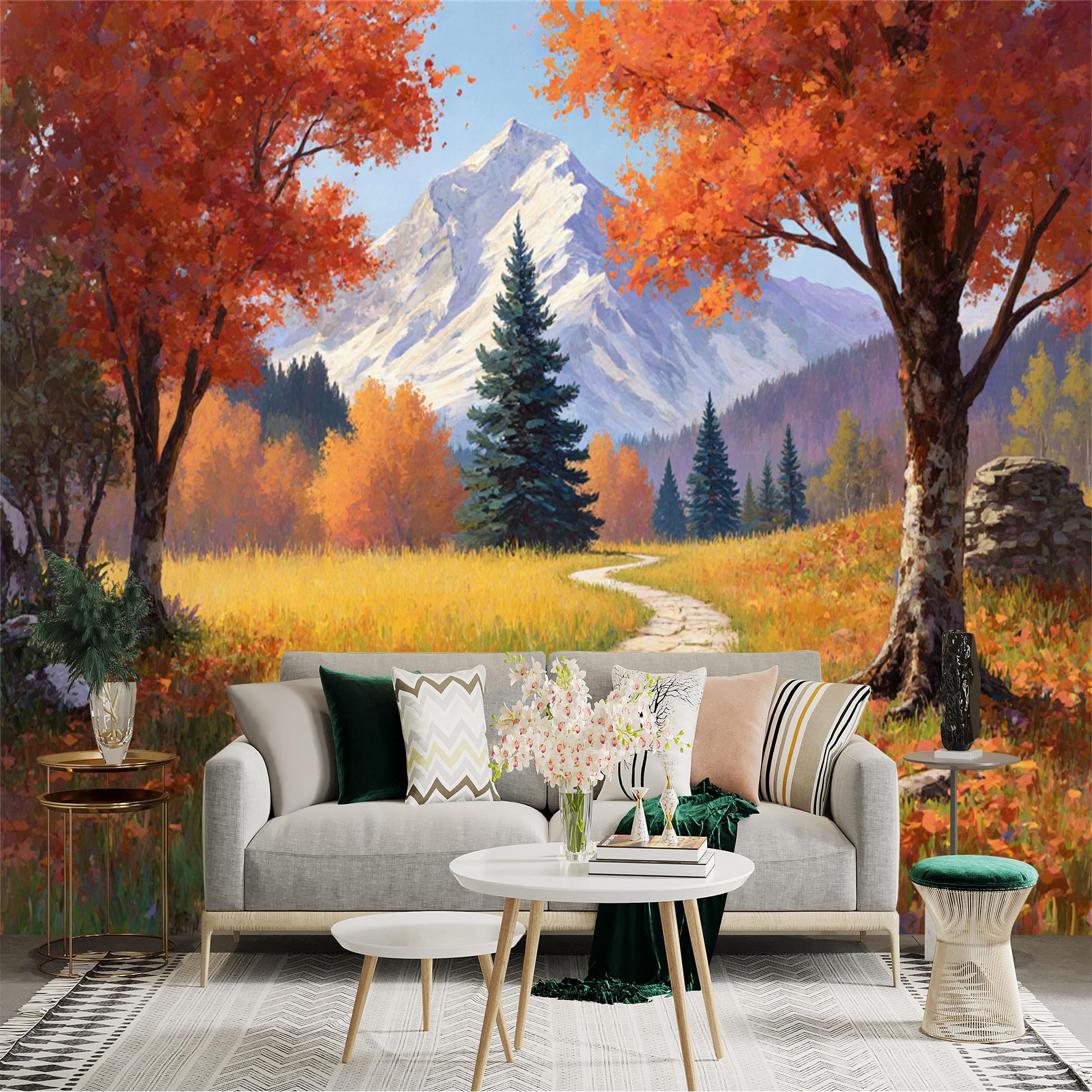 Custom Size Wall Sticker Mural， Autumn Mountain Landscape， Golden Meadow， Winding Stone Path， Serene Pine Forest， for wall Decoration， peelandstick wall Decals.