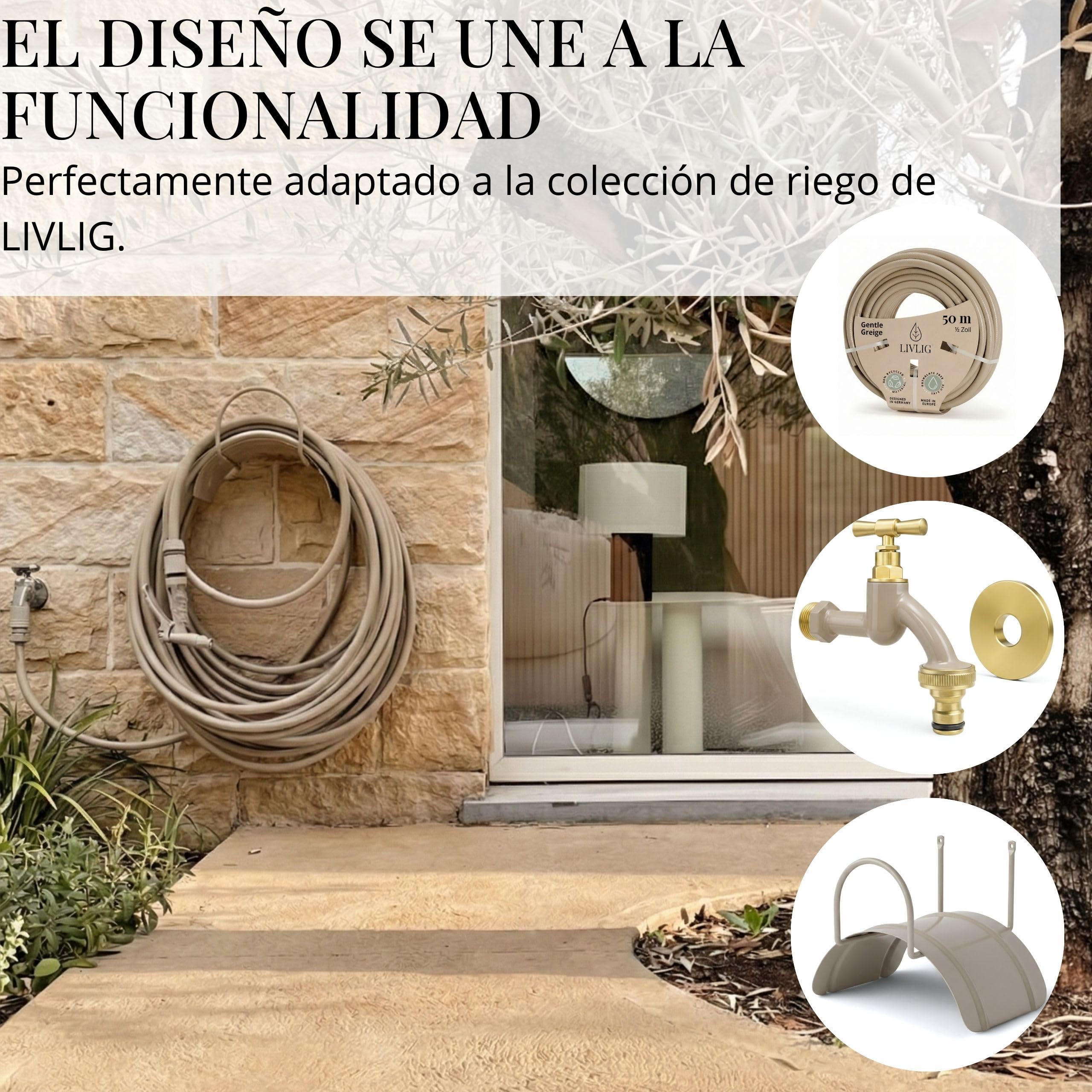 LIVLIG Pistola de riego Premium en set completo – boquilla robusta para limpiar y regar, con conectores 1/2", cuerpo de plástico y latón, control con una mano y bloqueo fijo – Beige (Beige)