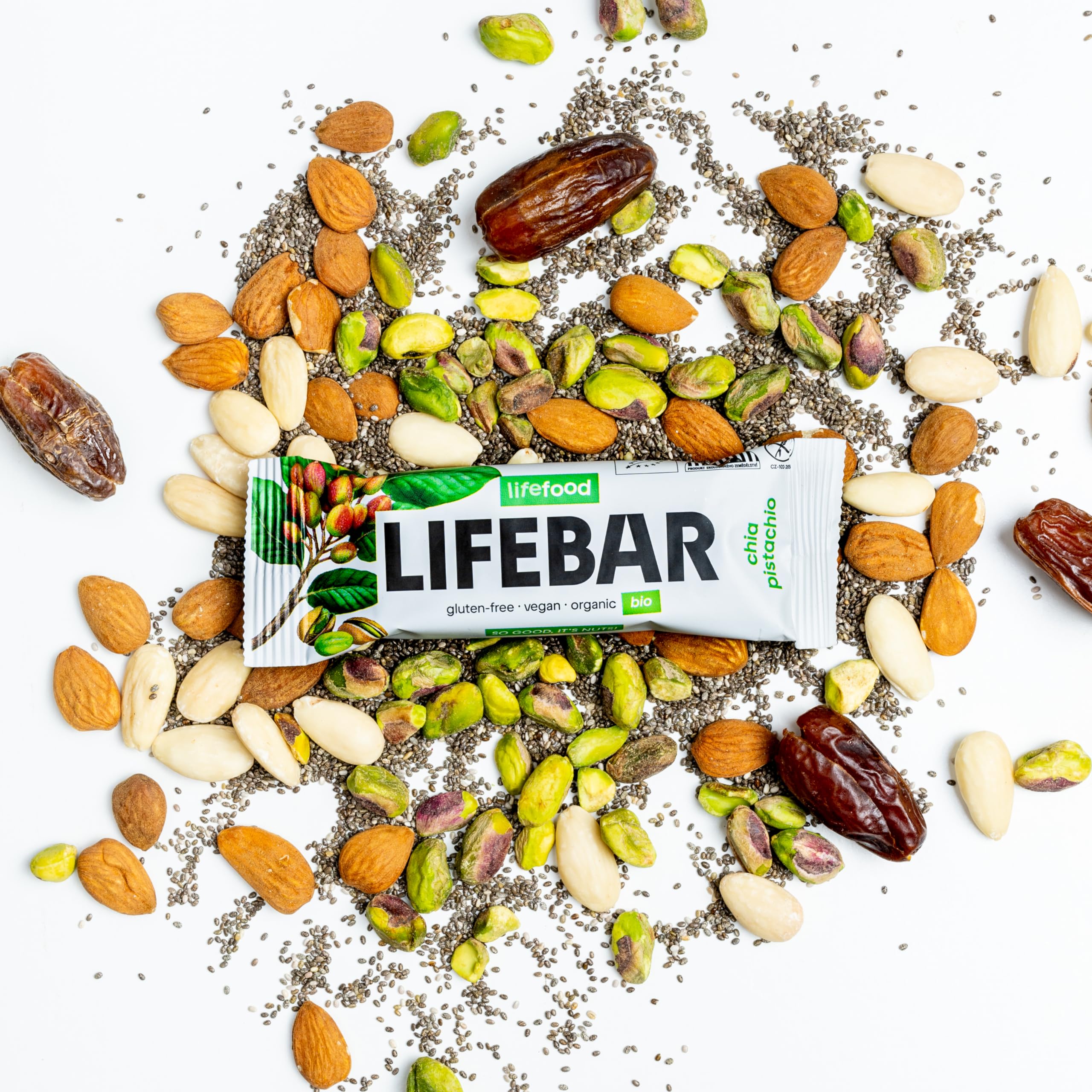 lifefood Lifebar Energieriegel, Vegan Sportriegel, RAW BIO Rohkost, Vegan, Glutenfrei, Laktosefrei,Ohne Zuckerzusatz, Biologisch angebaut - 15er Pack (15 x 40 g) (Chia Pistazie)