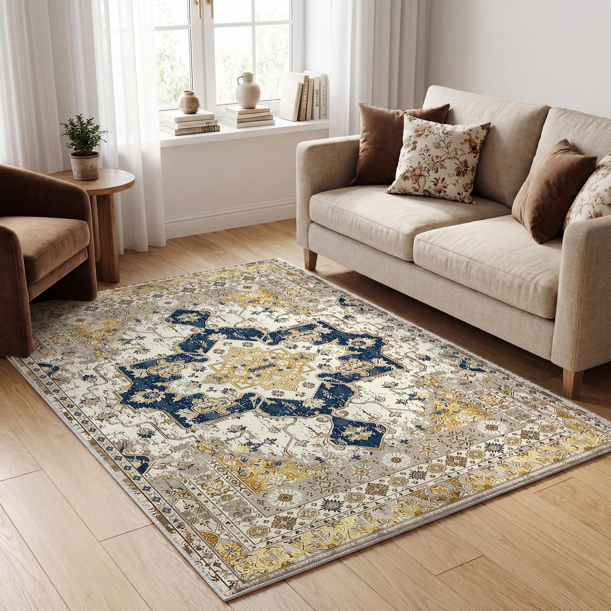 Cliporix 120x170cm Area Rugs for Bedroom, Vintage Boho Carpets for Living Room Non Slip Machine Washable Rug Short Low Pile Rug for Kitchen Dining, Hallway, Navy Blue & Gold