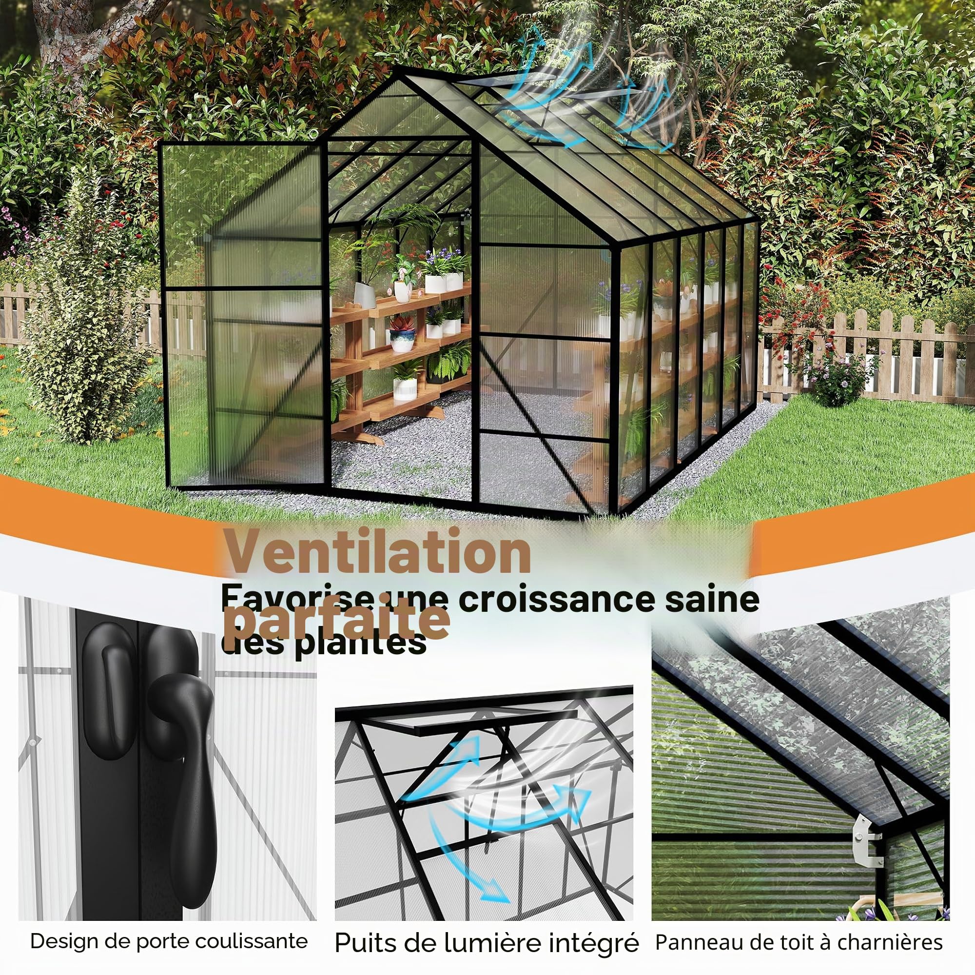 LARS360 Serre de jardin en aluminium avec fondation, plaques à double paroi en polycarbonate de 4 mm, pour jardin, serre à tomates avec fenêtre de toit, maison de plantes résistante aux intempéries