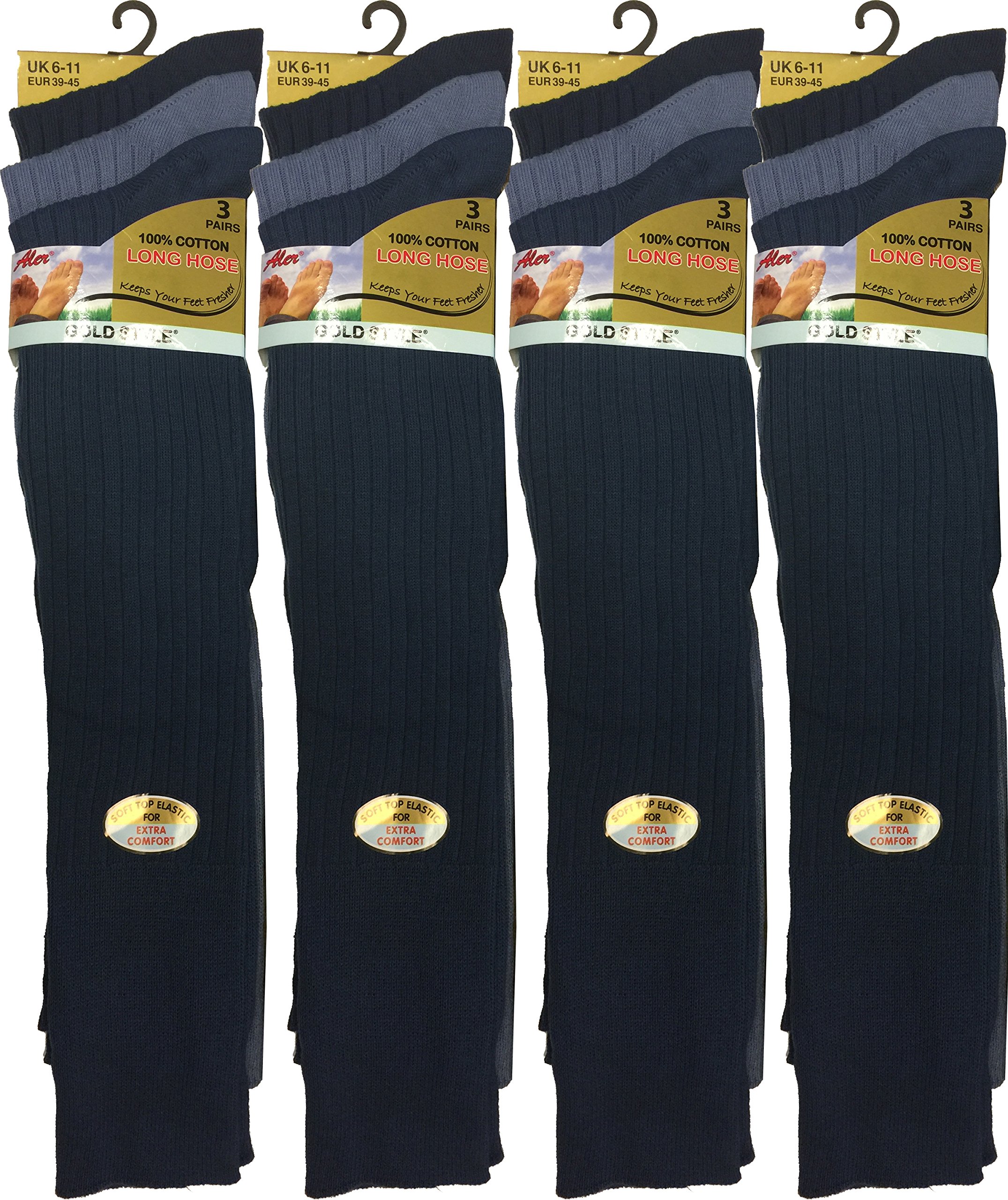 12 pairs Men's 100% Pure Cotton ribbed long hose socks, Knee high Pure Cotton Socks (Dark Assorted)