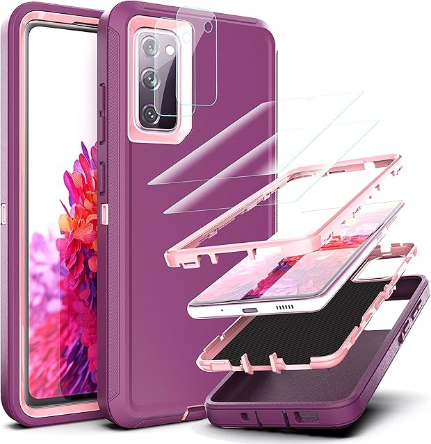 YmhxcY Galaxy S20 FE Case with 2 Pack Explosion-Proof Screen Protector and Camera Lens Screen Protective Film[2 Pack], Heavy Protection Cover For Samsung Galaxy S20 FE-Wine Red/Rose Pink