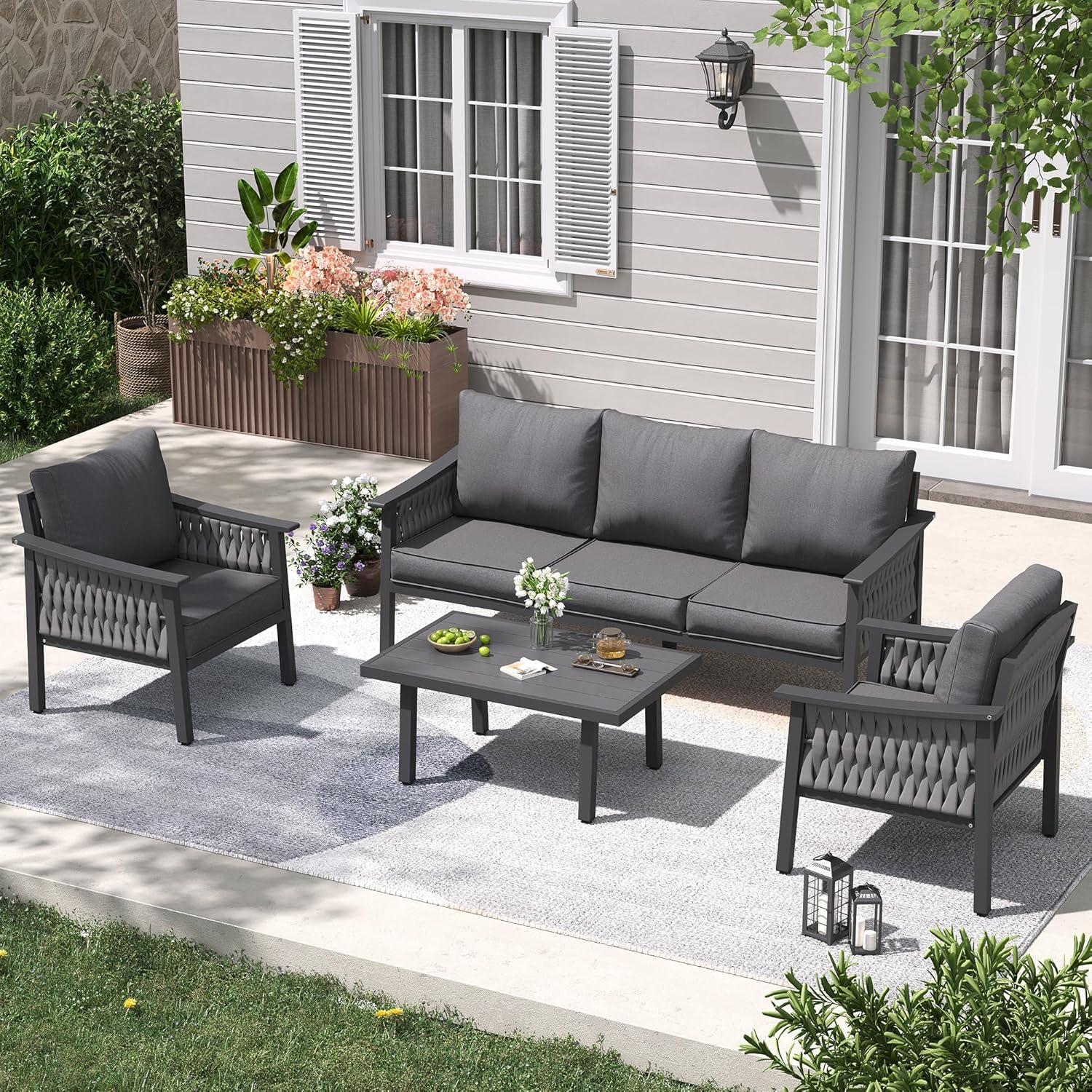 UDPATIO Aluminum Outdoor Furniture Set with Coffee Table, 4 Piece Modern Aluminum Patio Furniture Set, PE Rope Patio Conversation Sets with Thickend Cushions, for Porch, Balcony, Garden, Dark Grey