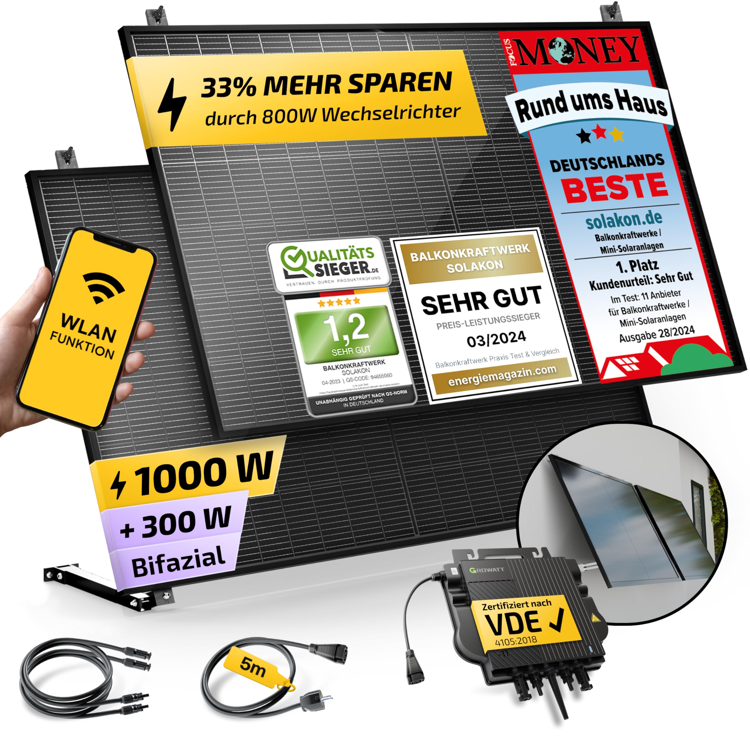 Solakon® 1000W Balkonkraftwerk mit Halterung (Wand) - Balkonkraftwerk 800W komplett Steckdose - neuester 800 Watt Wechselrichter - Solaranlage Komplettset - 500W bifaziale Solarmodule inkl. Zubehör