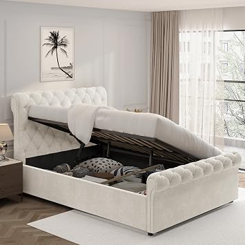 Ottoman Storage Bed with Gas Lift Side Opening Wooden Slats, Ottoman Small Double Bed Frame, Upholstered Gas Lift Up Bed Frame with Storage, (4ft Beige Small Double, No Mattress Included)