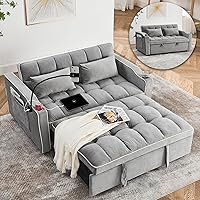 tiramisubest Convertible Sofa Bed Gray Velvet - Sleeper Loveseat w/ Adjustable Backrest, Phone Holder, USB Ports & Cup Holders