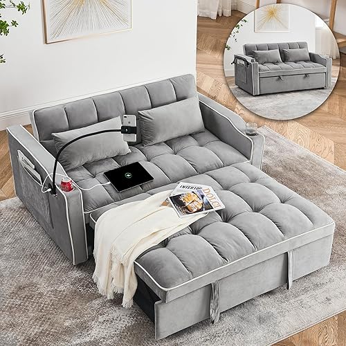 Convertible Sofa Bed, Sleeper Sofa with Side Pocket, Adjustable Backrest, Living Room Sofa with Phone Holder, Pull Out Couch, Loveseat with Cup Holder and USB Interface (Velvet, Gray)