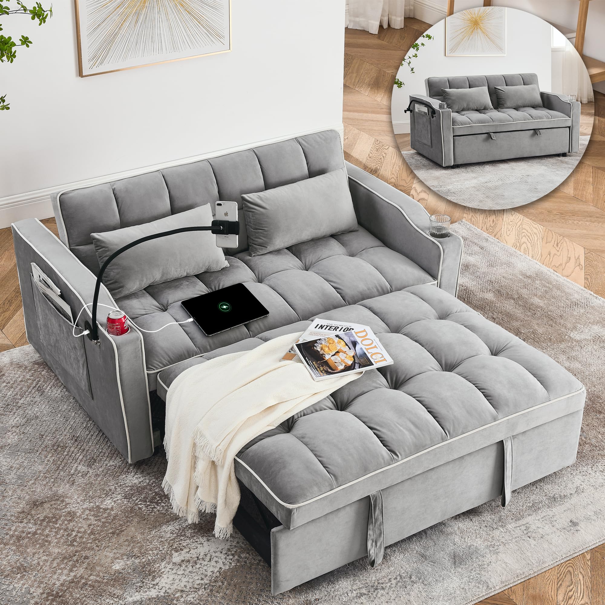 tiramisubest Convertible Sofa Bed, Sleeper Sofa with Side Pocket, Adjustable Backrest, Living Room Sofa with Phone Holder, Pull Out Couch, Loveseat