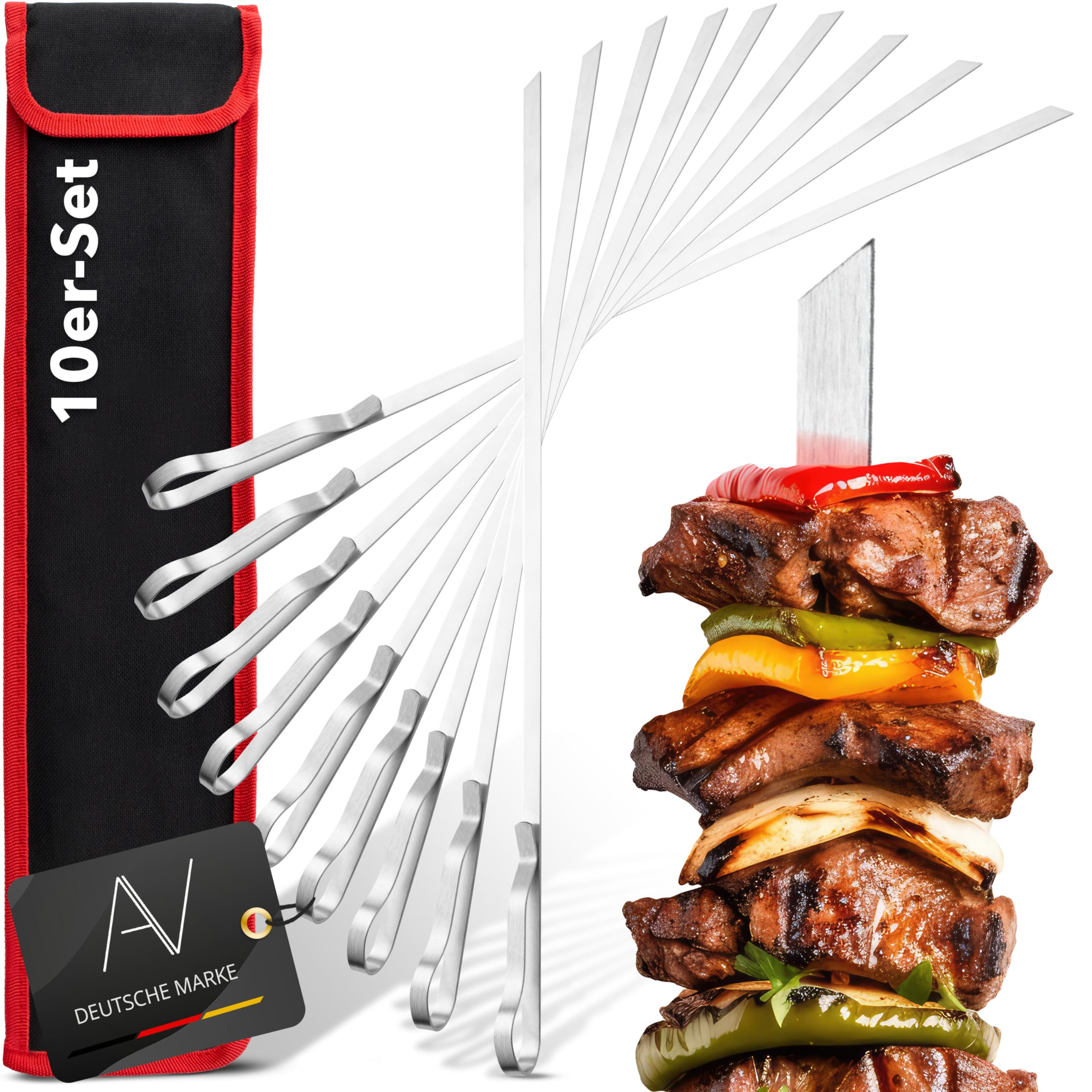 AVANA Spiedini per barbecue in acciaio inox, 10 pezzi, riutilizzabili, 43 cm, spiedini lunghi per carne e verdure
