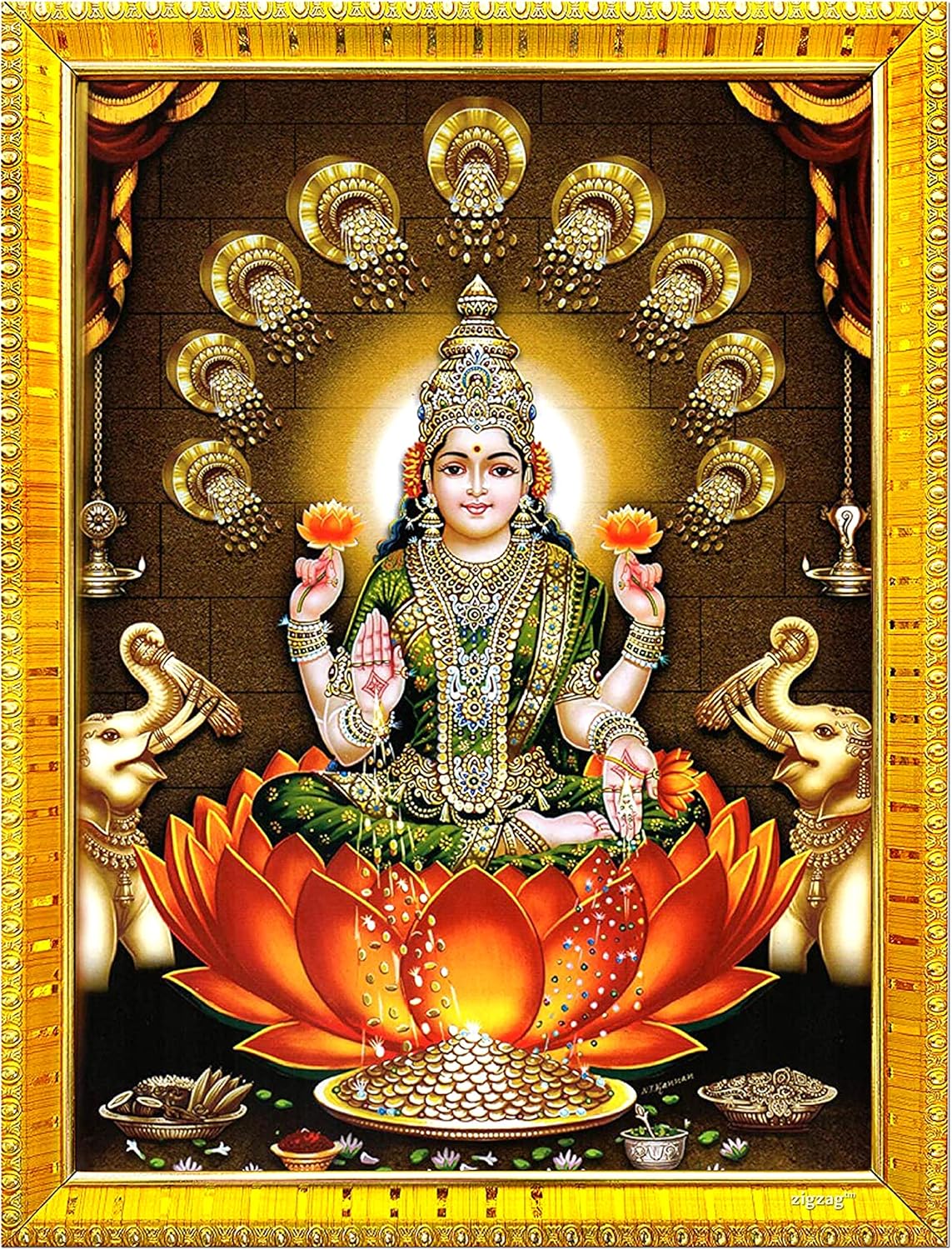 zig zag Rectangular Goddess Dhana Lakshmi Devi Maa Photo Frame Wall Table Size Medium ( 7x9 inches, Acrylic Glass) Golden