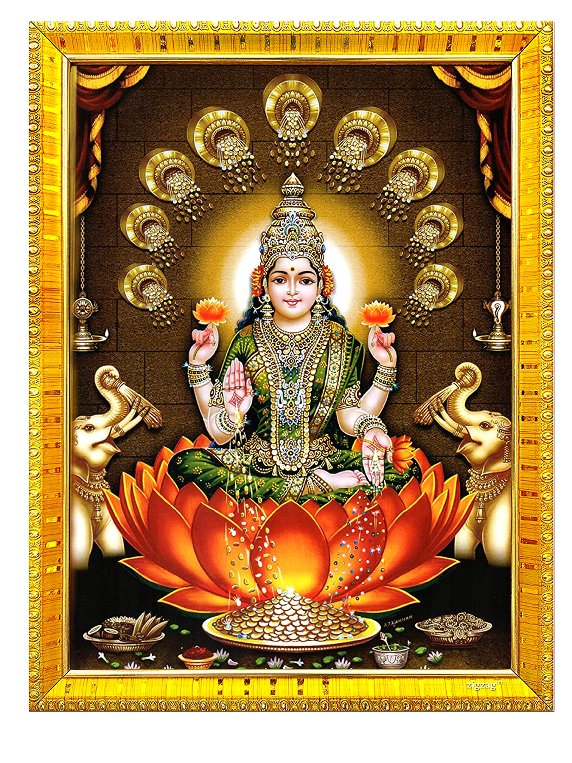 zig zag Rectangular Goddess Dhana Lakshmi Devi Maa Photo Frame Wall Table Size Medium ( 7x9 inches, Acrylic Glass) Golden