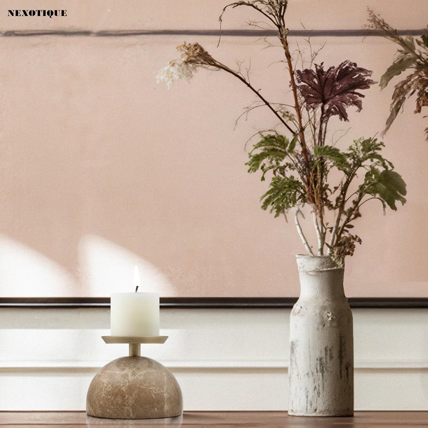 Stone Candle Holder Decor for Pillar Candles, Modern Candle Plate Holder for Entry Way Table Home Decor, Antique Brass Finish Centerpiece Table Decorations, Perfect for Rings and Trinkets