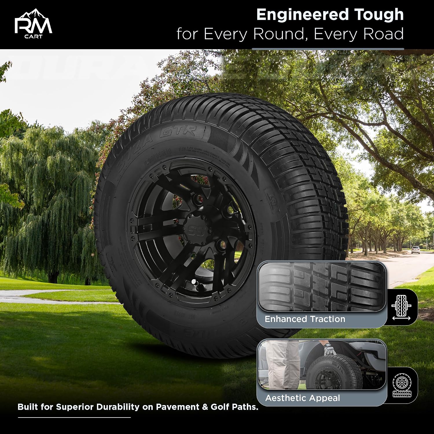 RM Cart 10" Yukon Matte Black on 205/65 R10 Deli Radial Tires (Set of 4) | Golf Cart Tires and Wheels Combo with Standard Lug Nuts