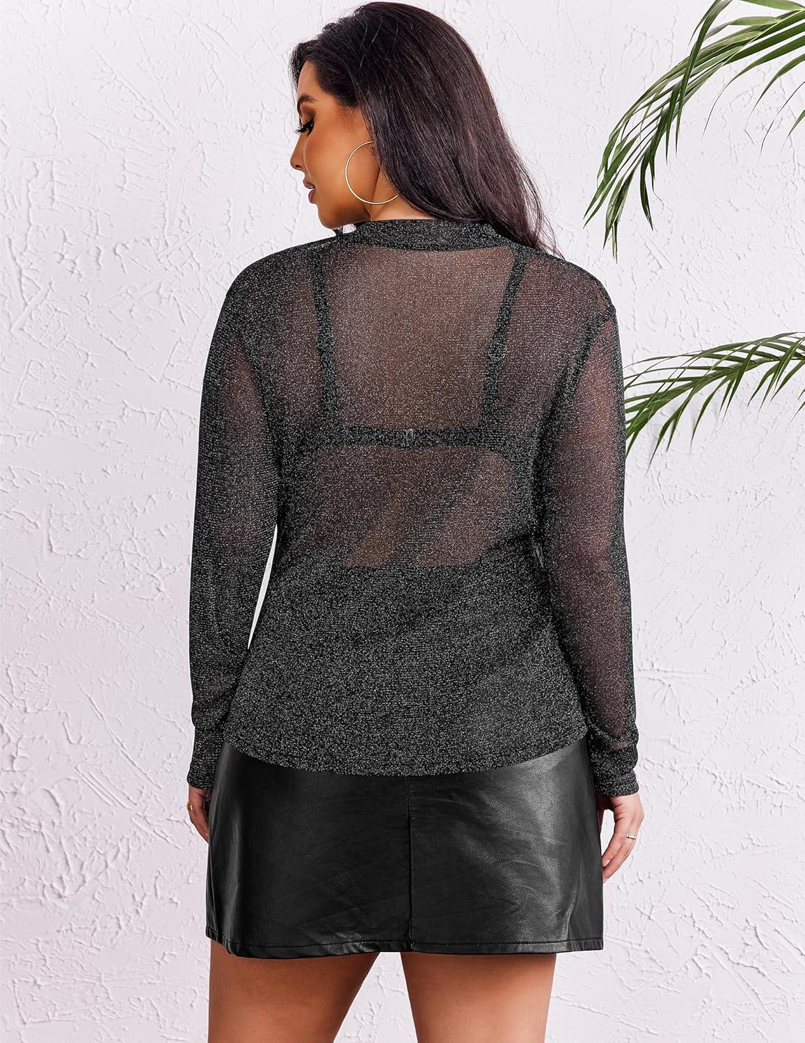 IN'VOLAND Women's Plus Size See Through T Shirt Glitter Sheer Mesh Top Long Sleeve Shirts Mock Neck Clubwear Slim Blouse - Image 4