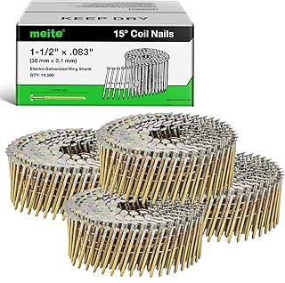 meite Siding Nails 15 Degree Coil Nails 1-1/2 Inch × .083 Inch Ring Shank Wire Collated Nails 14,000PCS, Electro-Galvanized Full Round Head Siding Nails for Coil Nailer Sheathing Decking Fencing