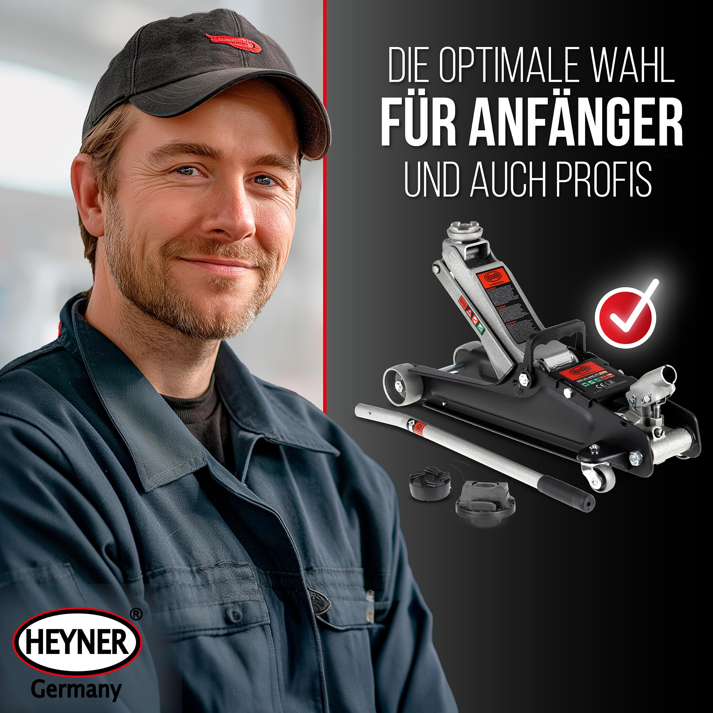 HEYNER® Zestaw hydraulicznych podnośników manewrowych 2,25 t – wyjątkowo płaski (85–380 mm), 2 koła obrotowe, gumowe talerze o średnicy 45 mm, w zestawie gumowa podkładka do samochodów marki Mercedes,