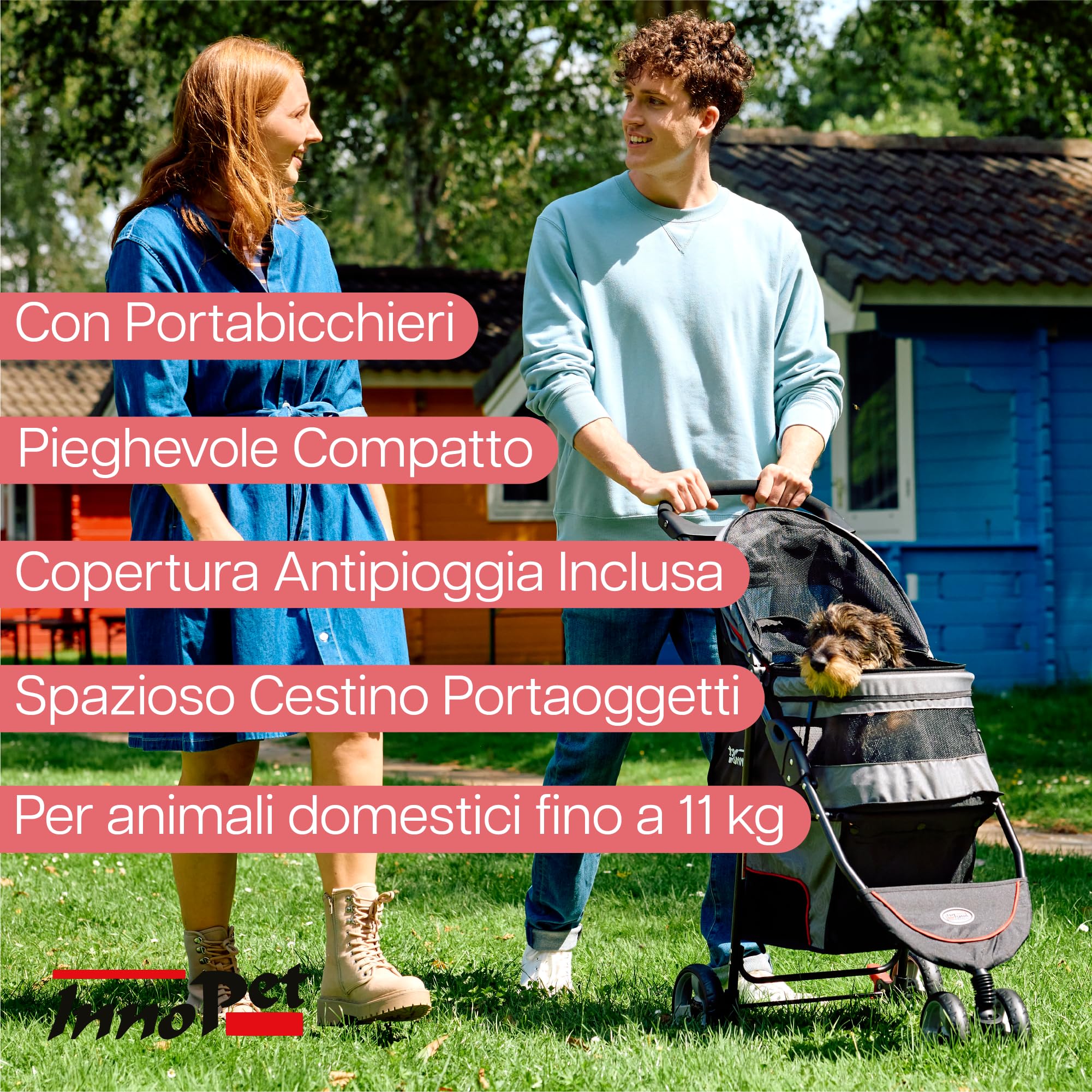 Passeggino leggero Innopet Avenue per cani e gatti, grigio/rosso - Passeggino urbano compatto per animali domestici con copertura antipioggia, cinture di sicurezza e cestino portaoggetti