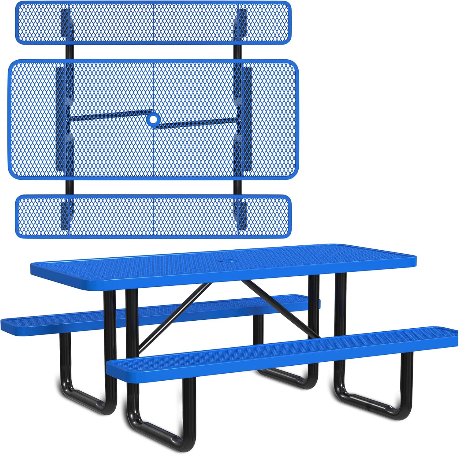 Leisure Craft Metal Picnic Table with Bench - 8 ft Rectangle Outdoor Dining Table for 8, Umbrella Hole, Weatherproof Heavy Duty Thermoplastic Coating, Commercial Grade Furniture Made in USA - Green