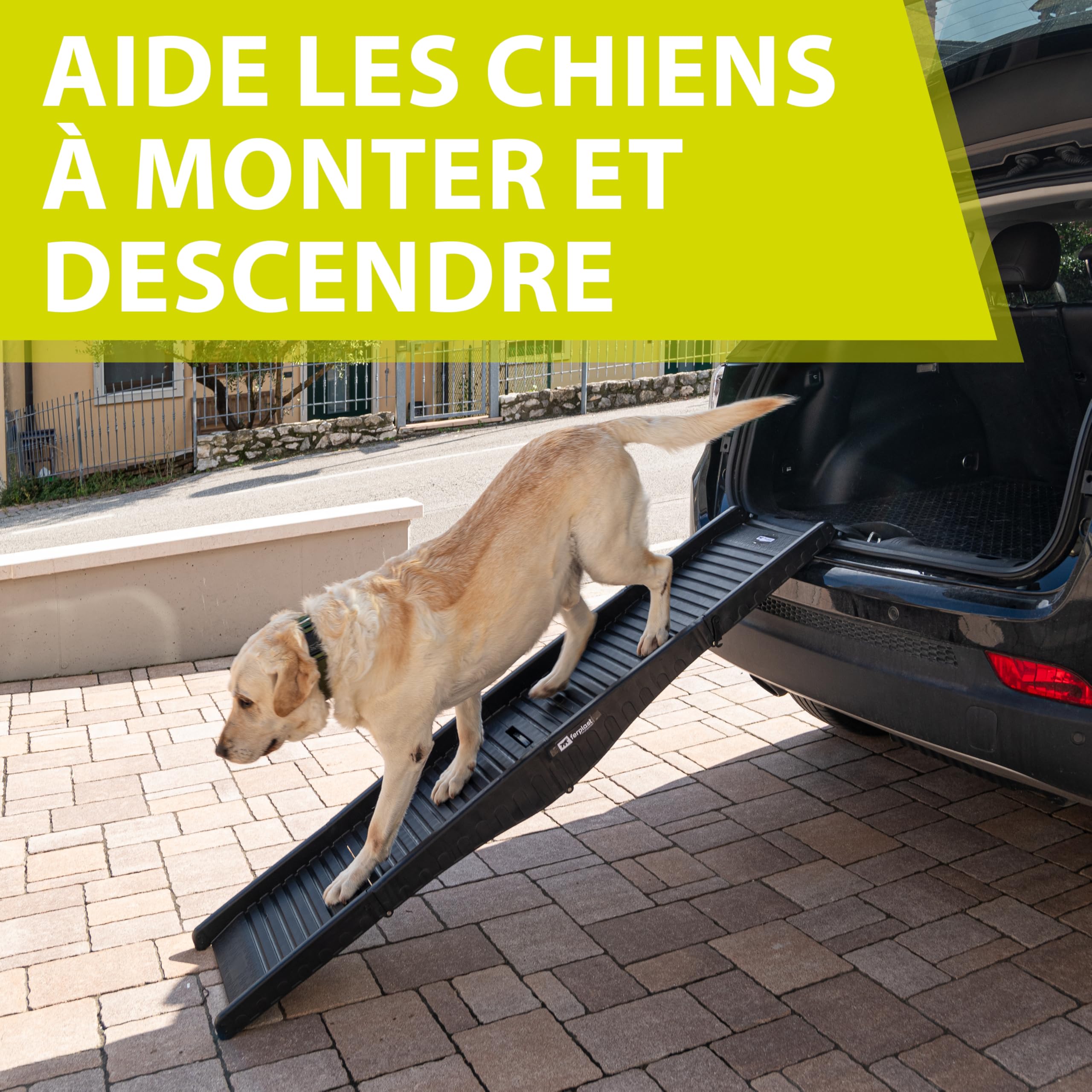 Ferplast Rampe pour Chien Voiture, Pliable, Antidérapante, Poignée, Réfléchissante, jusqu'à 50 kg, L 152 x P 40 cm
