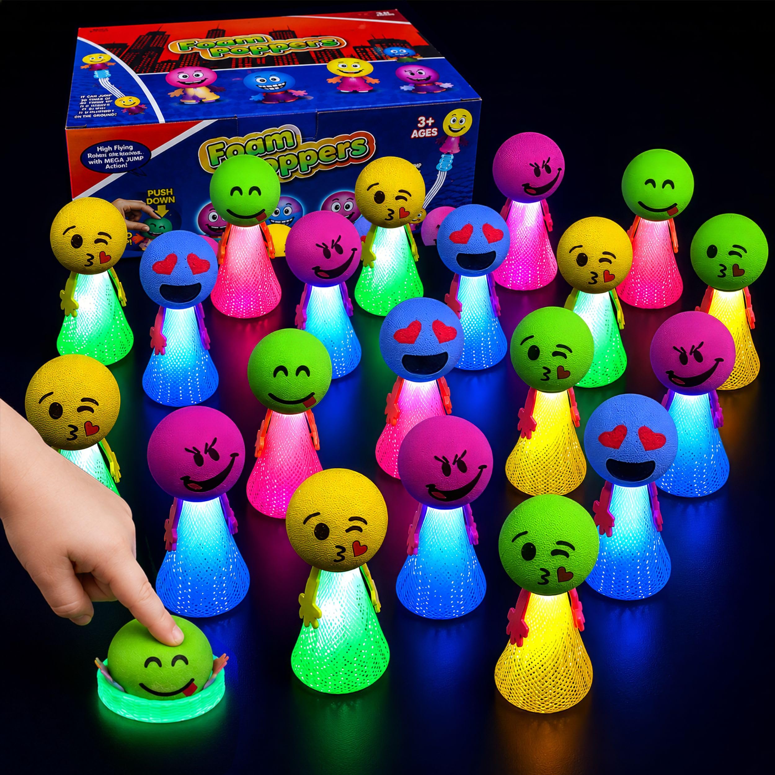24 PCS Jumping Emoticon Popper Spring Launchers LED Light Up Toy Bouncy Party Favors Supplies and Goodie Bag Fillers for Kids, Toddlers (Light Up)