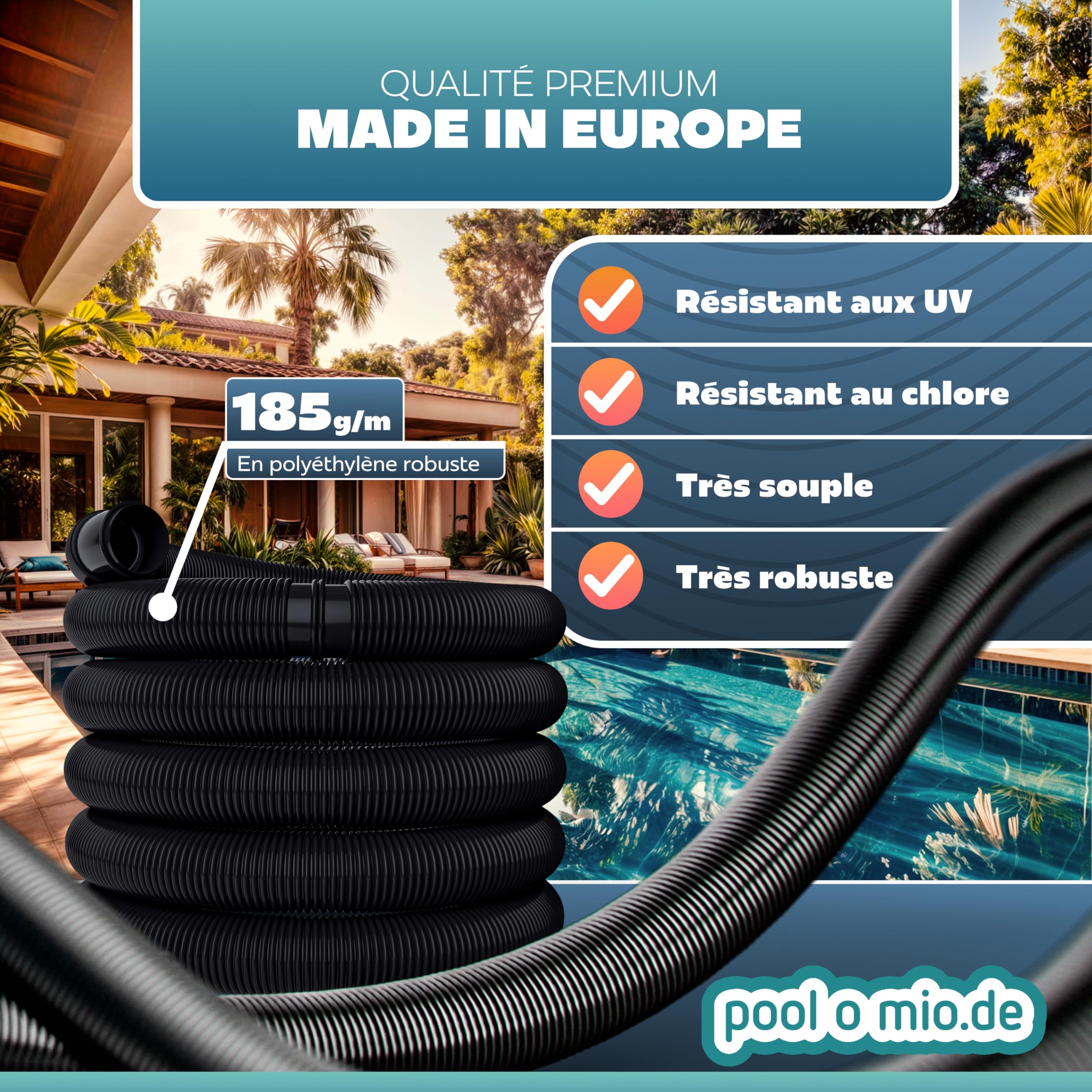 Tuyau Pour Piscine Noir, Tuyau Solaire, Ø 38 mm, Divisible tous les 158 cm, Longueur: 6,3 m