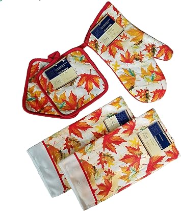 Home Collection 5 Piece Kitchen Linen Set Fall Leaves Theme! Includes 1 Oven Mitt, 2 Pot Holders and 2 Dish Towels