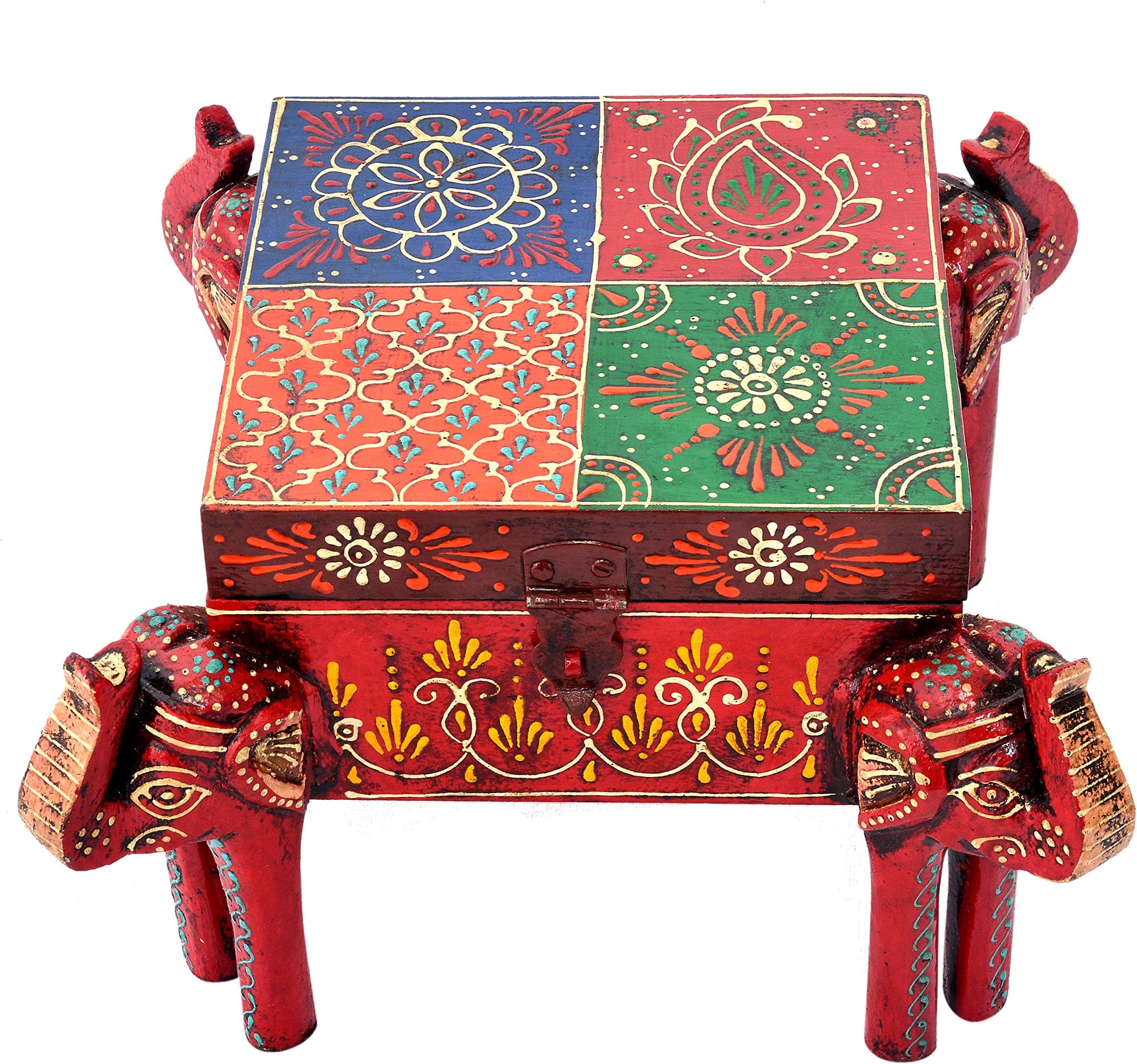 Eurasia Indian Handmade Wooden Painted 4 Face Elephant Dry Fruit Box Home Decor