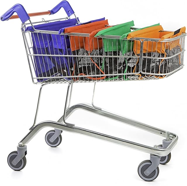 Trolley Bags for Shopping Trolley, Pack of 4 Express Vibe Shopping Bags for Shallow Trolleys, Replace Carrier Bags, Heavy Duty Reusable Fabric Foldable Shopping Bag for Grocery Food Shopping