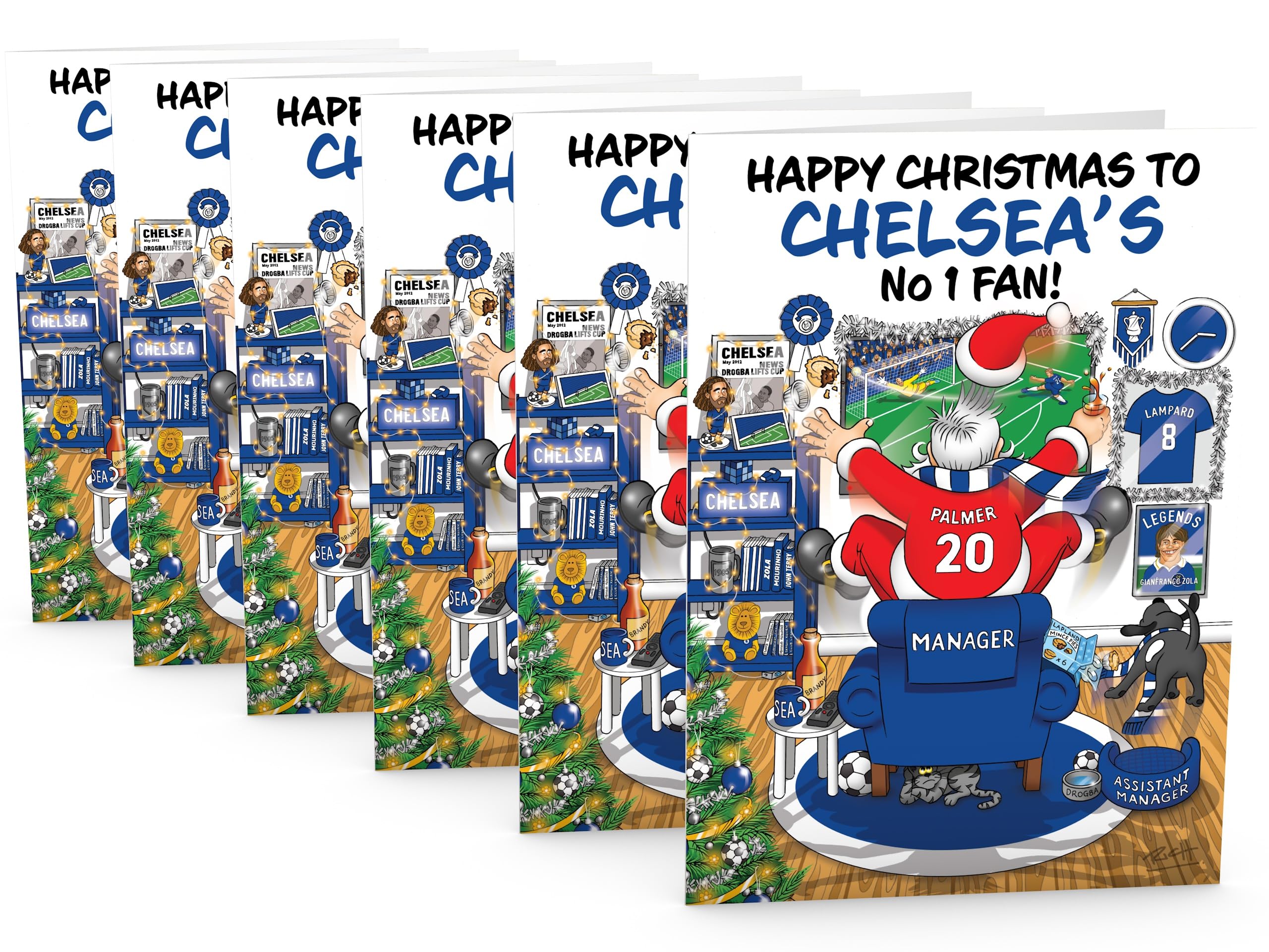 Football Christmas Card for Chelsea Fans Pack of 6 Cards Santa Jumping Out of Chair to Support Team Funny Rear of Card Showing Rudolph Supporting Rival Club Large A5 Made in UK