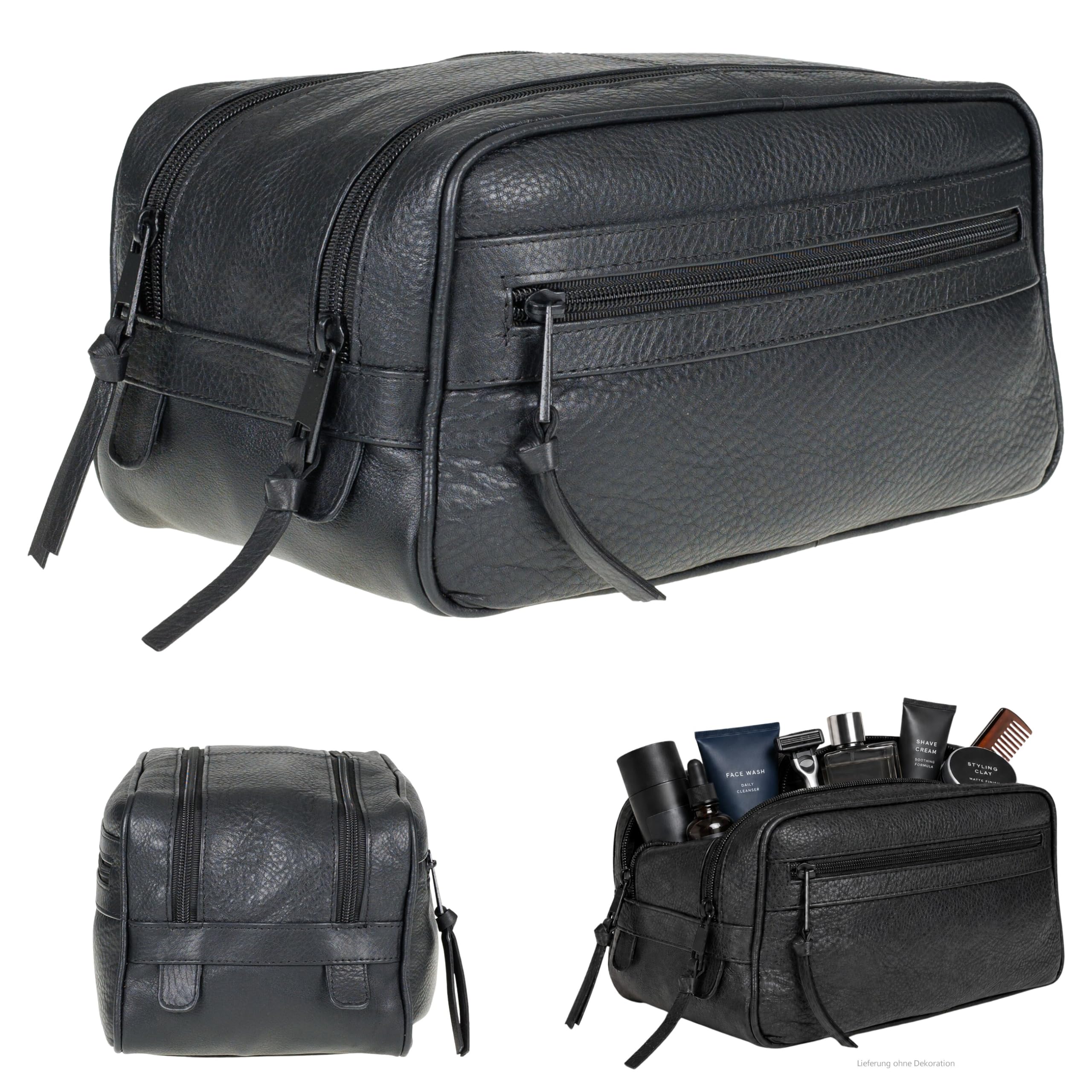 Kulturbeutel Leder Kulturtasche Washbag Sauna Siena 12977 Schwarz 1 +b