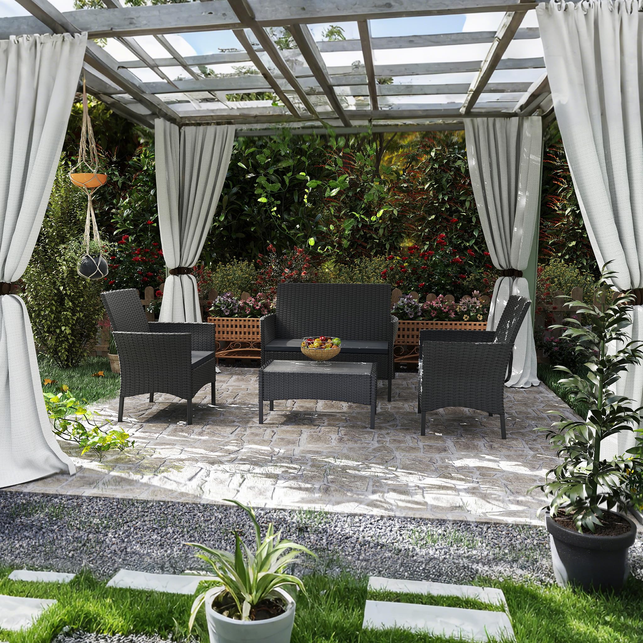 UISEBRT Juego de muebles de balcón – Juego de muebles de jardín de polirratán con sofá de 2 plazas, mesa, sillas individuales y cojines de asiento antracita, color negro