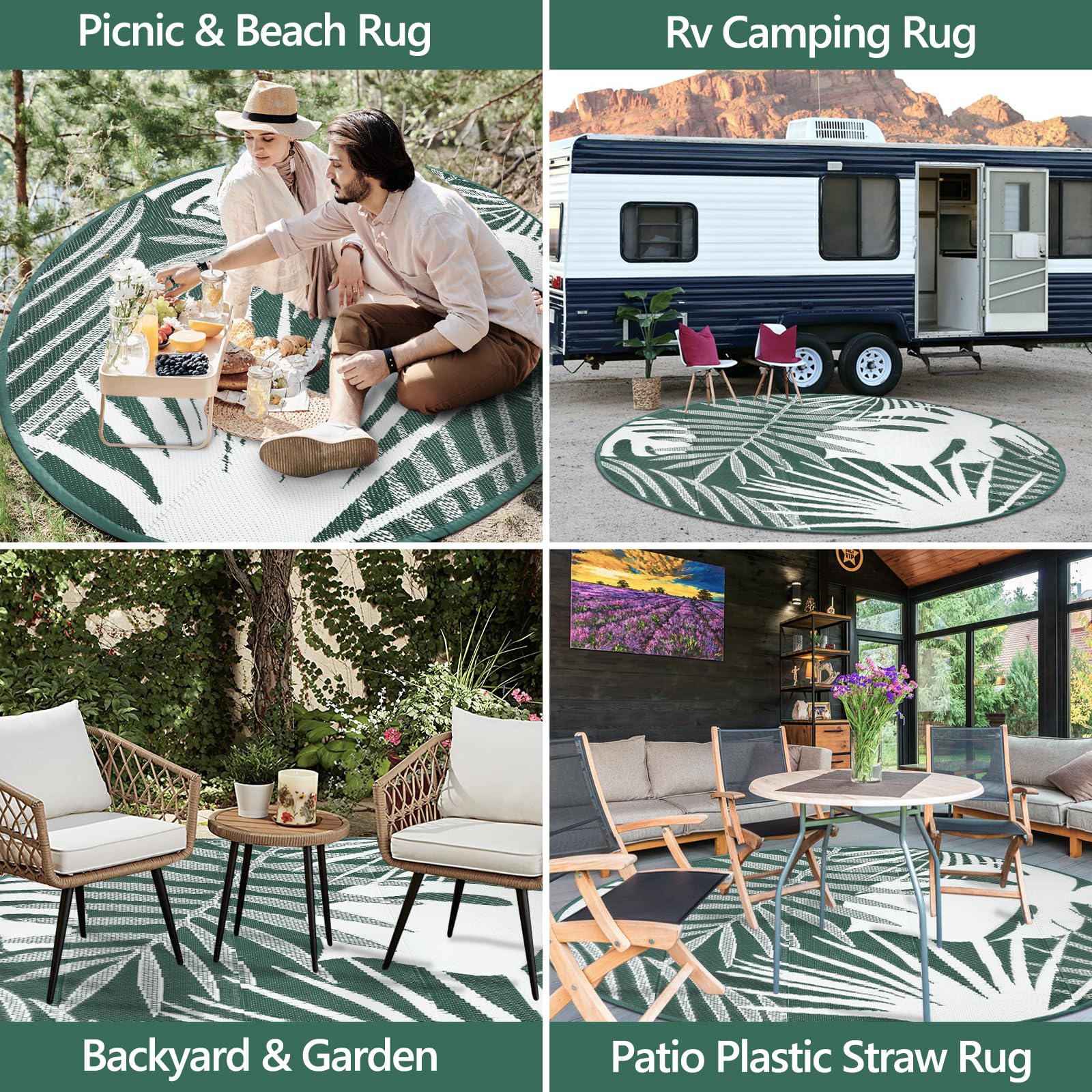 Capslpad Tapis d'extérieur rond réversible et léger en paille de plastique recyclé, portable, pour jardin, camping, terrasse, barbecue, plage, vert foncé 180 cm